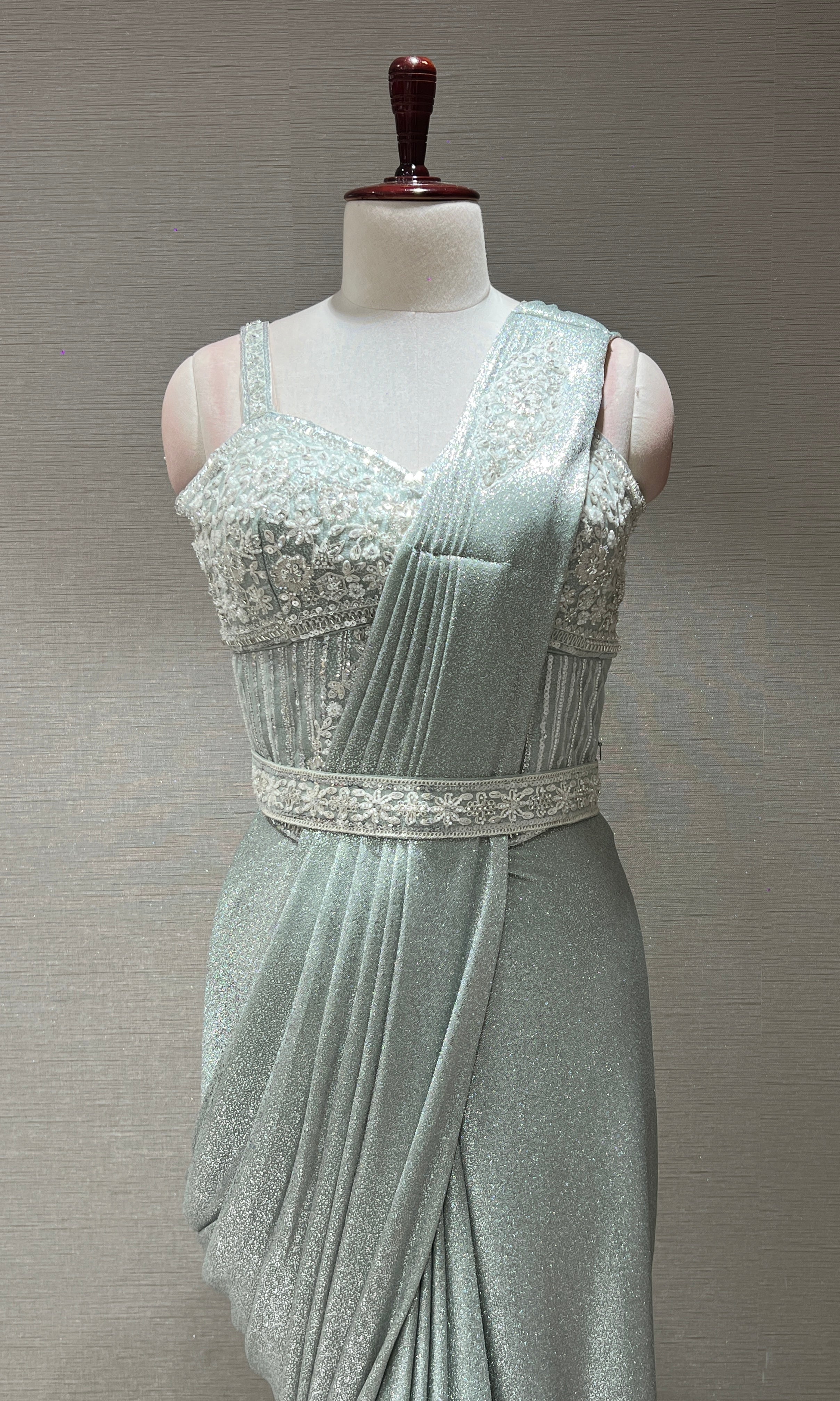 GREEN EMBELLISHED DRAPE SAREE WITH BELT