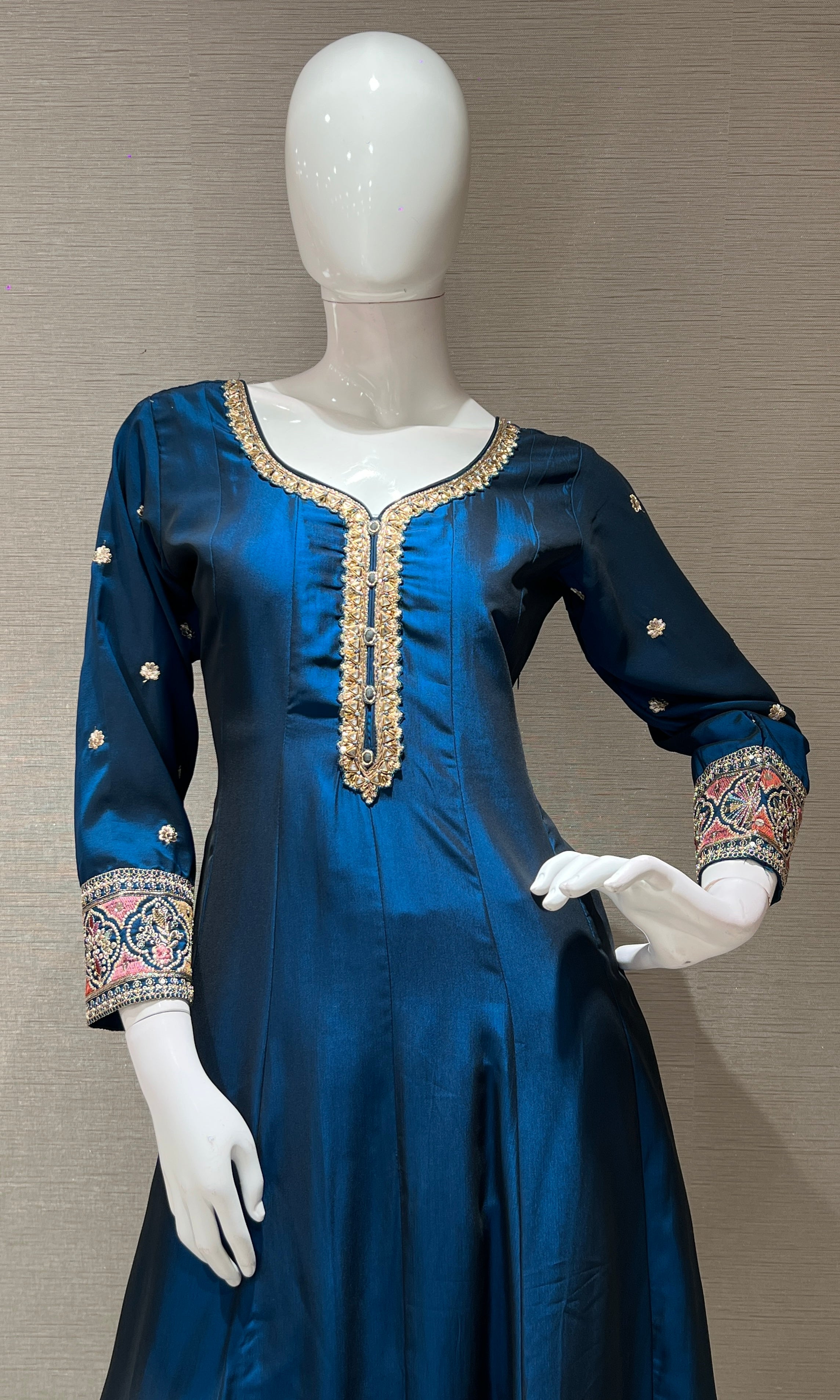 Rama blue gold embroidery Anarkali set