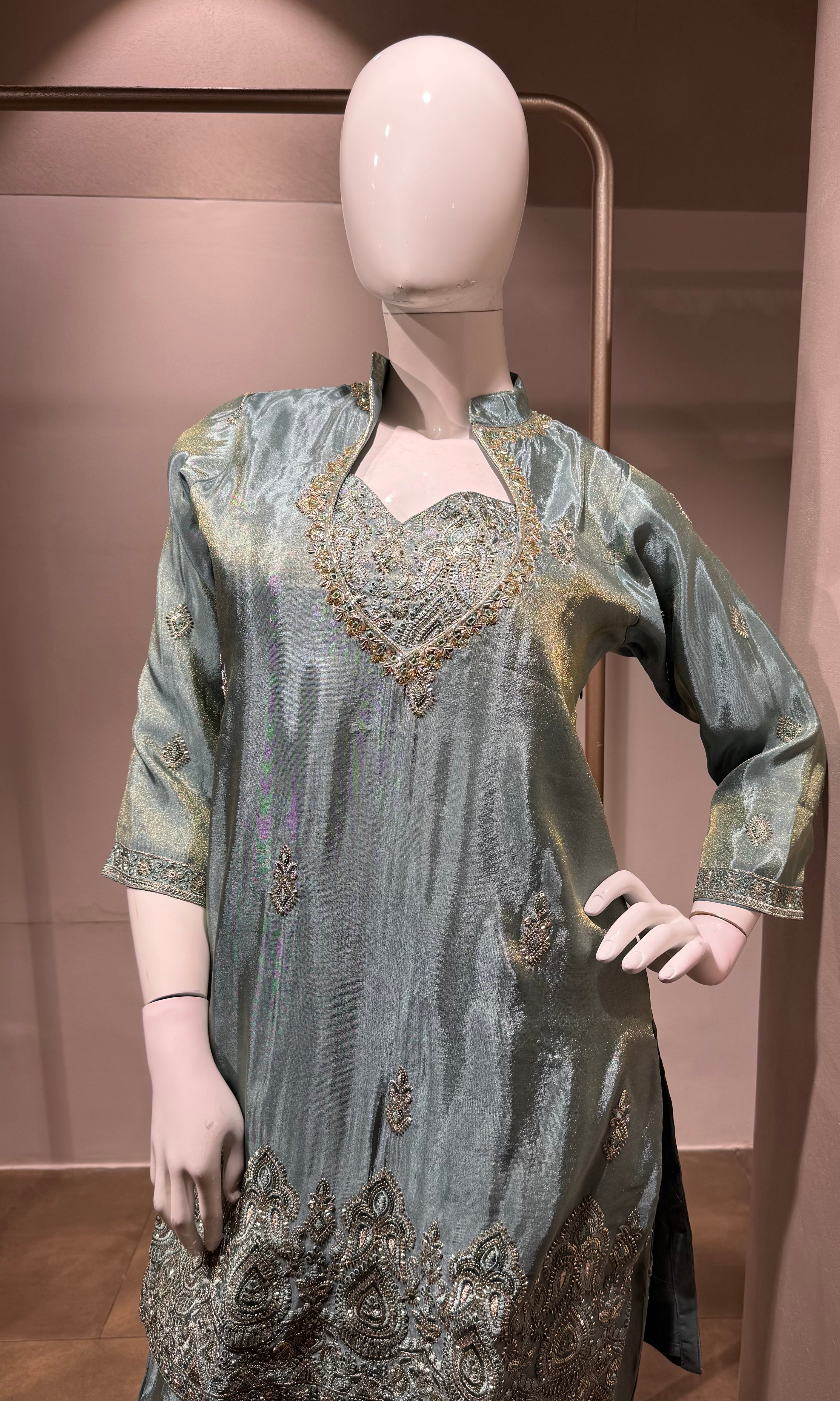 GREEN SHIMMER TISSUE SALWAR WITH FARSI PANTS