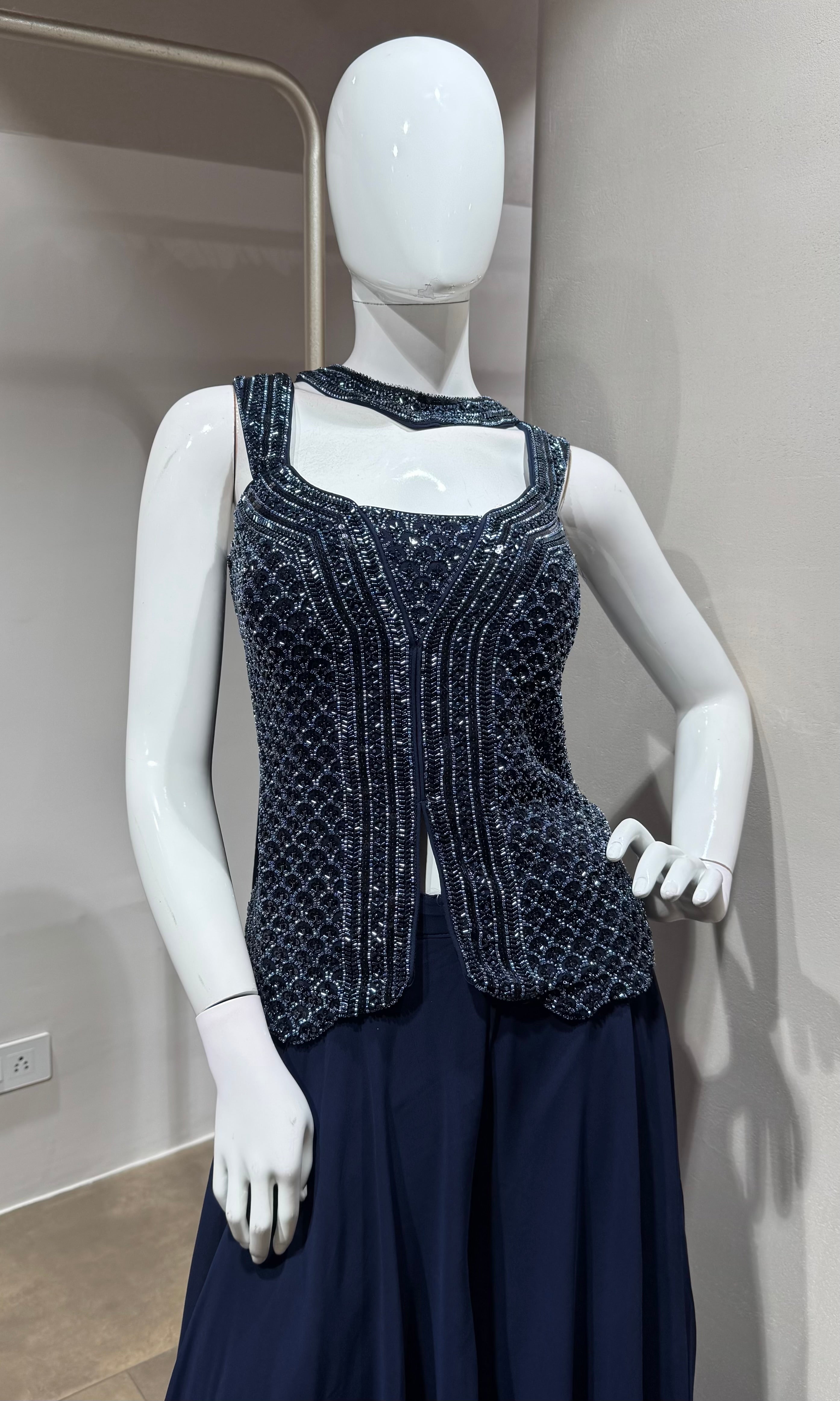 navy blue georgette sequin palazzo set