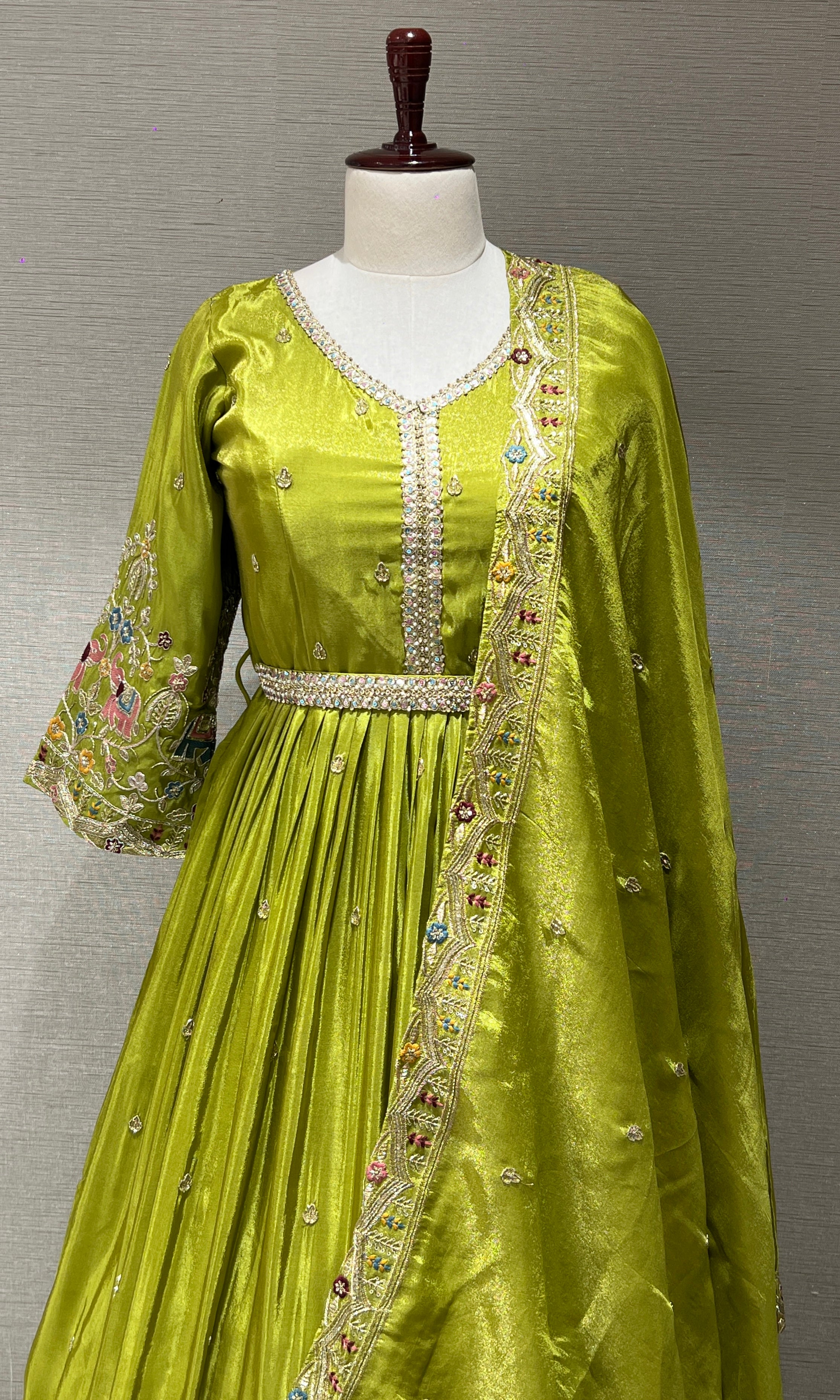 Parrot Green Anarkali Gown with Multicolor Thread Work