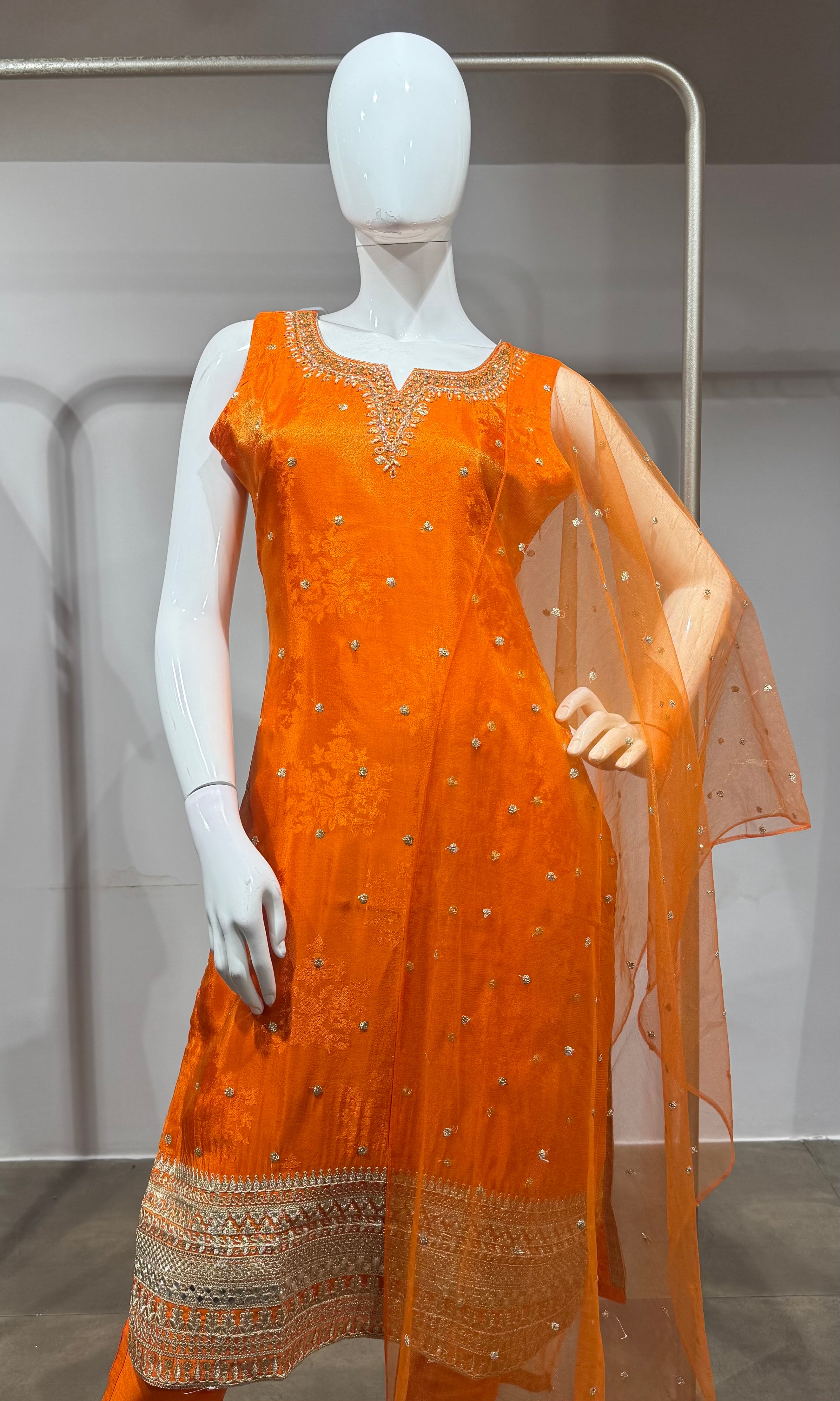 orange intricate gold embroidery Kurta set