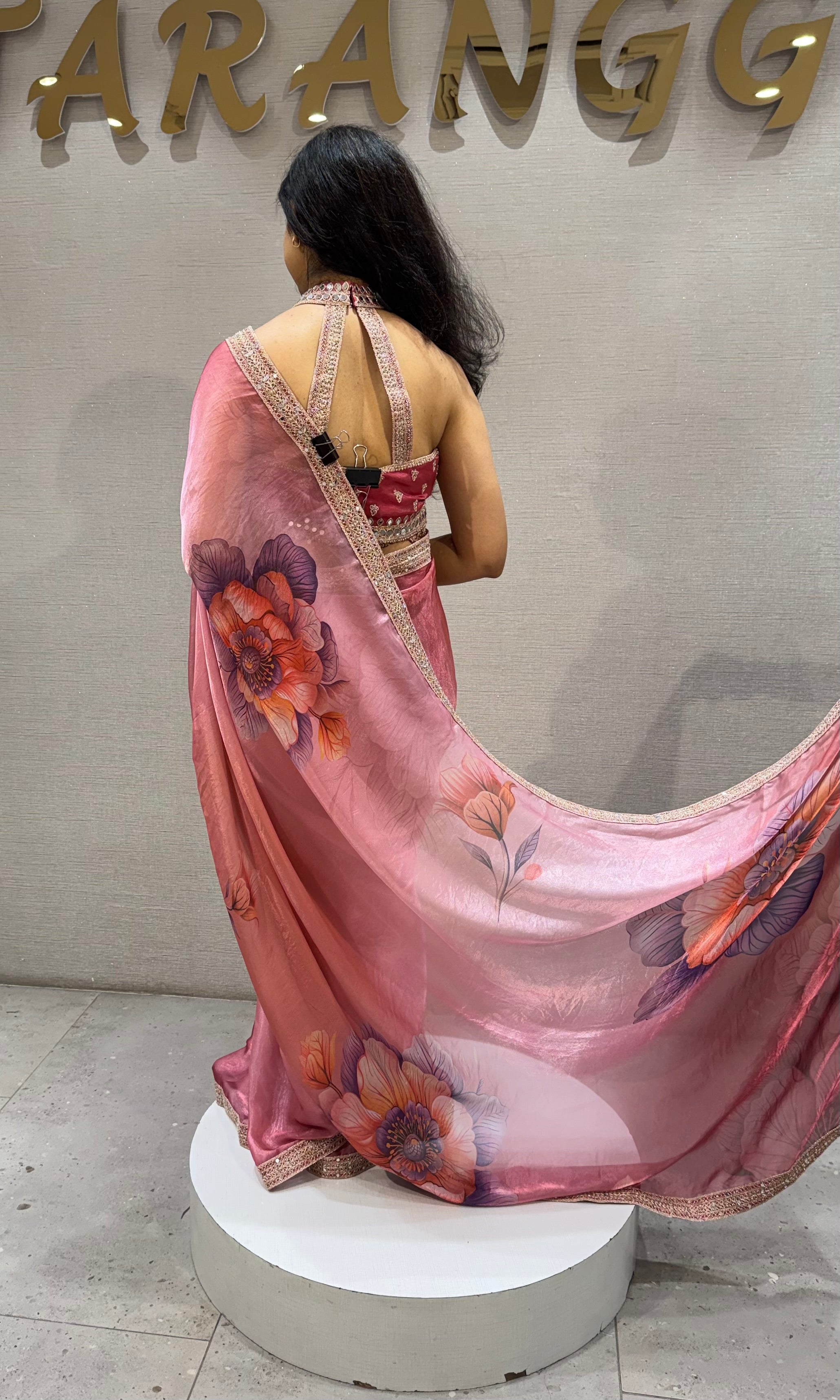 Blush Pink Satin Organza Floral Saree with Scalloped Border