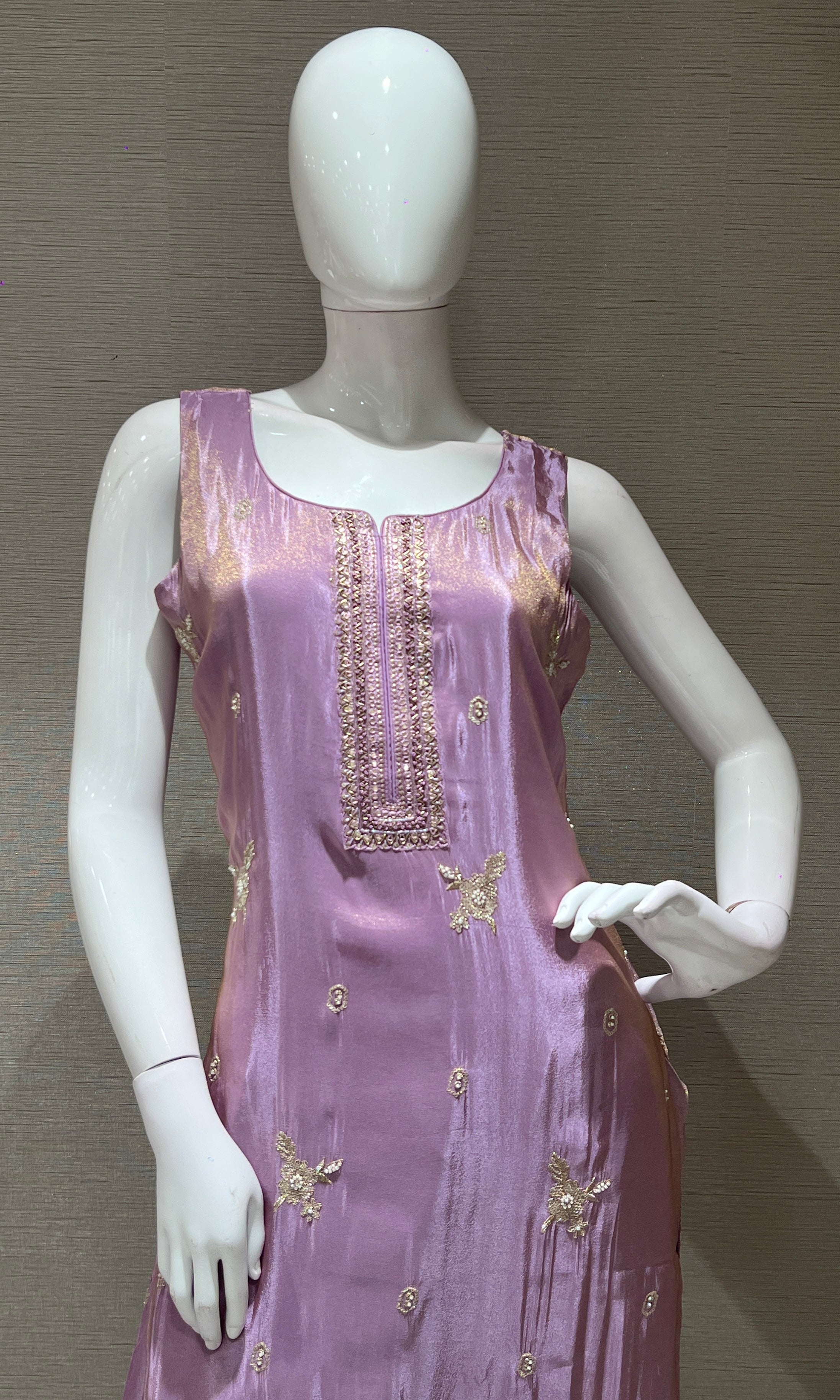 Lilac Embroidered Kurta Set with Sheen Dupatta