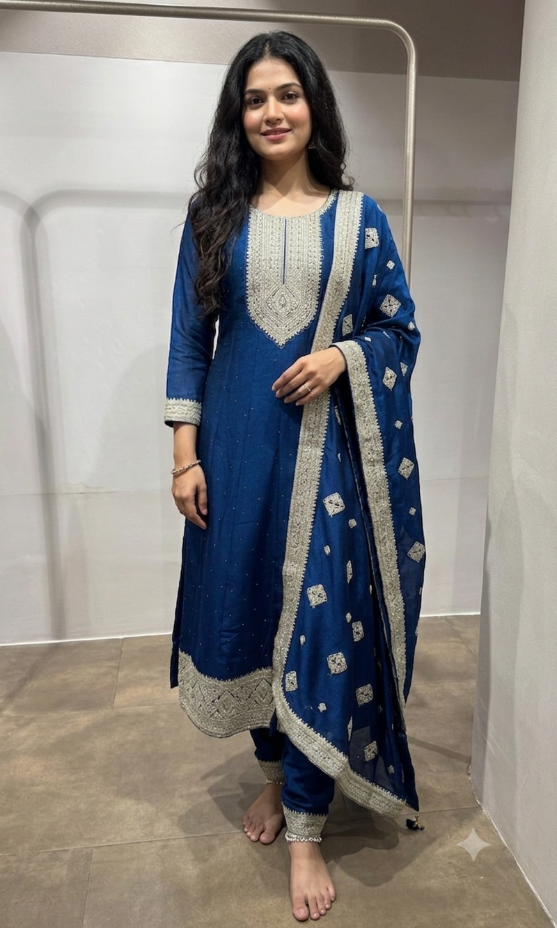 Navy Blue Embroidered Silk Kurta Set