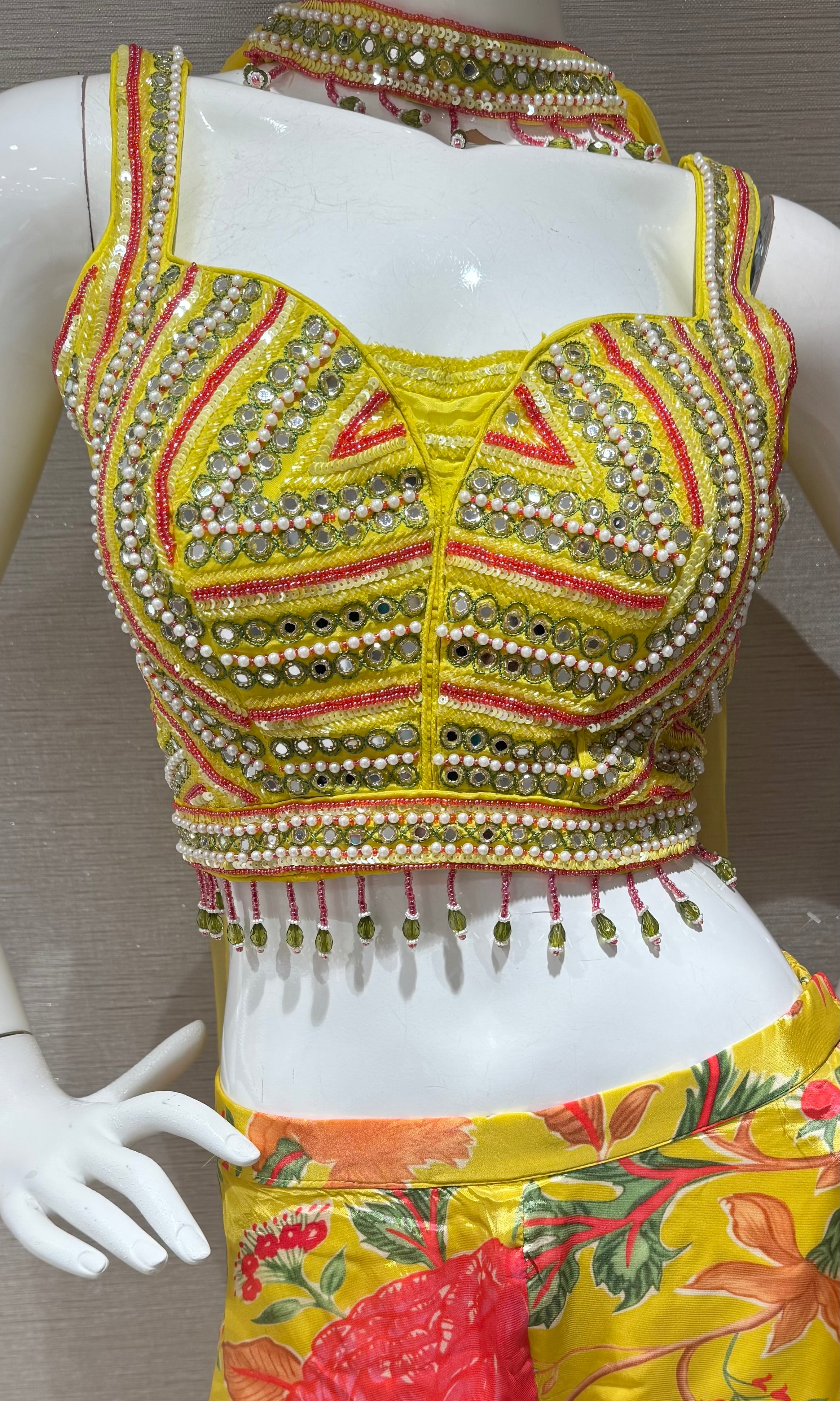 Yellow Embroidered crop top palazzo set