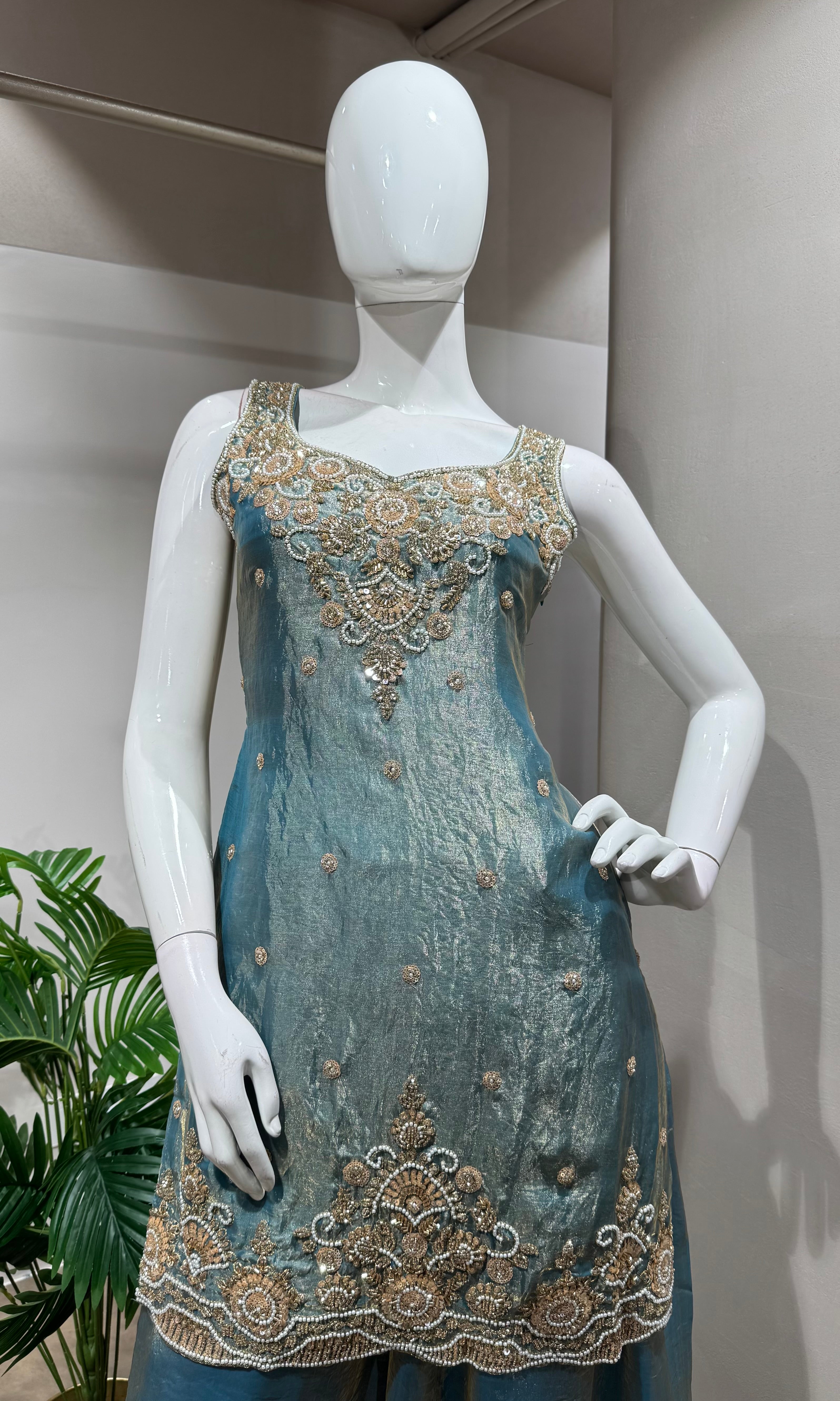 Blue Tissue golden embroidered Sharara Set