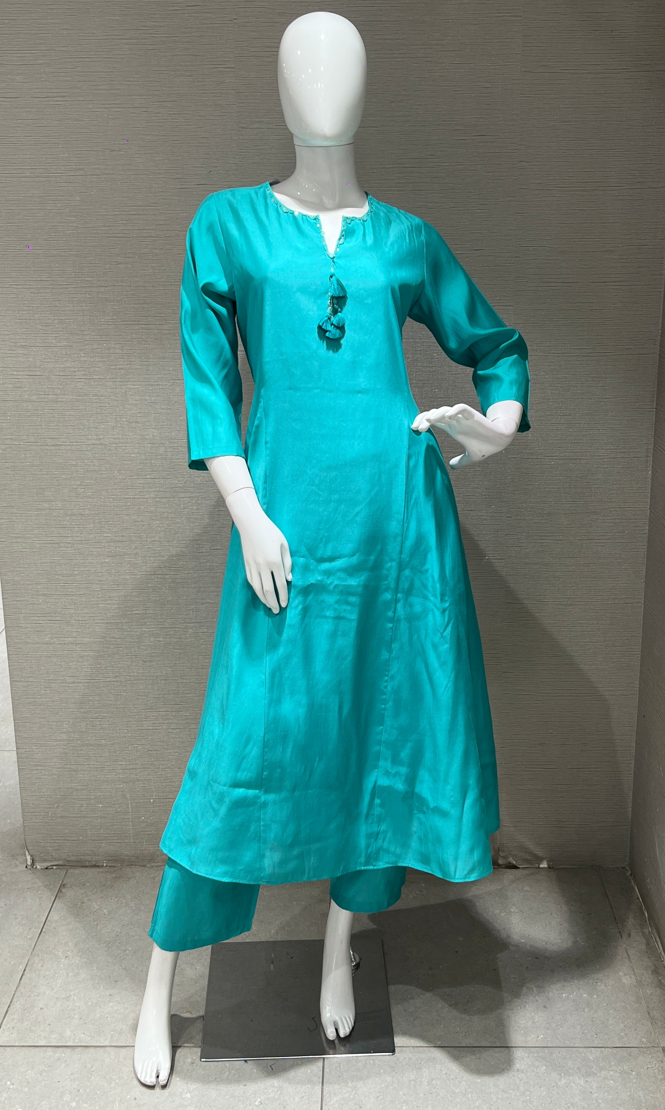 sea blue kurta set with floral printed dupatta