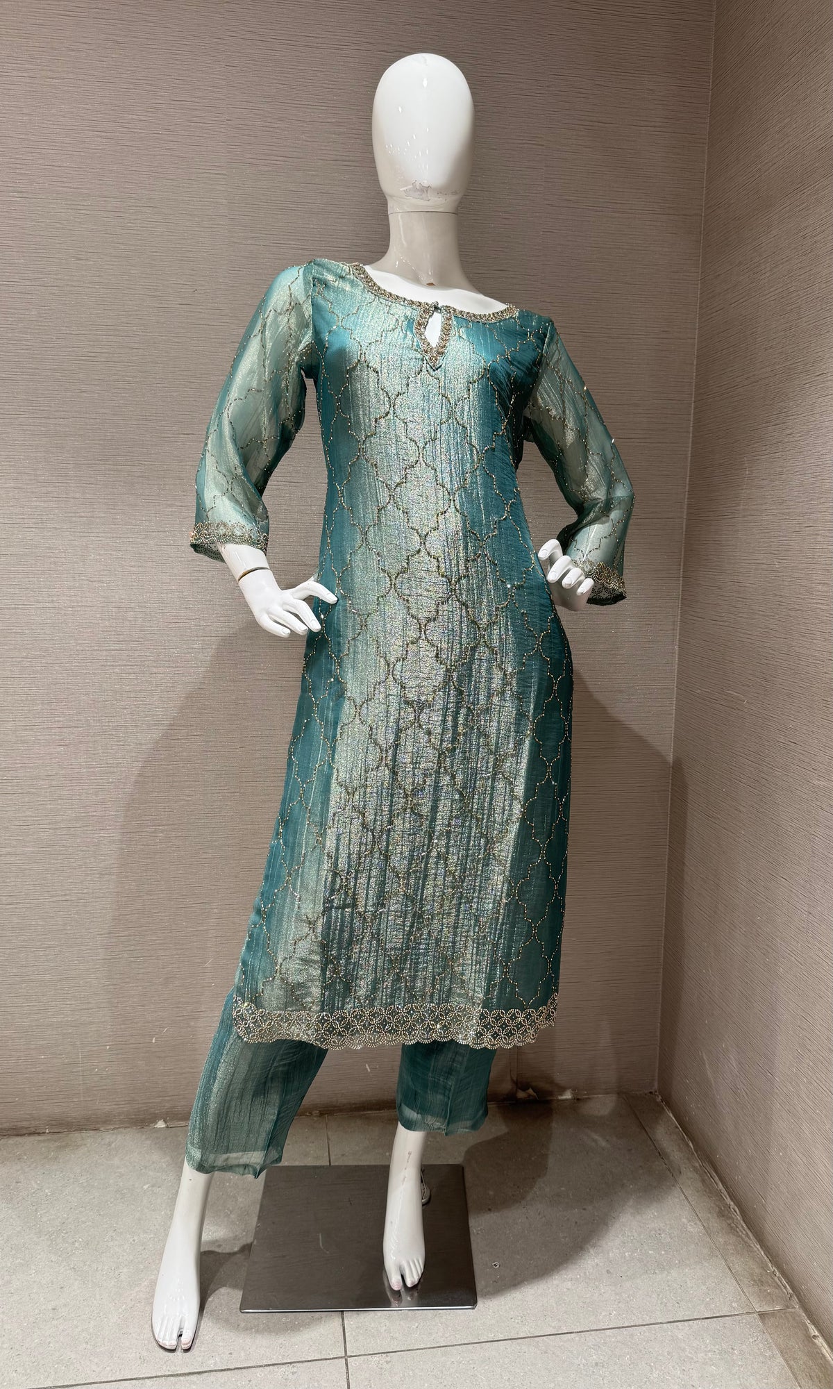 Green Shimmer Golden ethnic Kurta set with dupatta