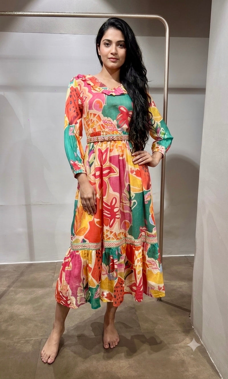 Multi Abstract Print Long Sleeve Frock