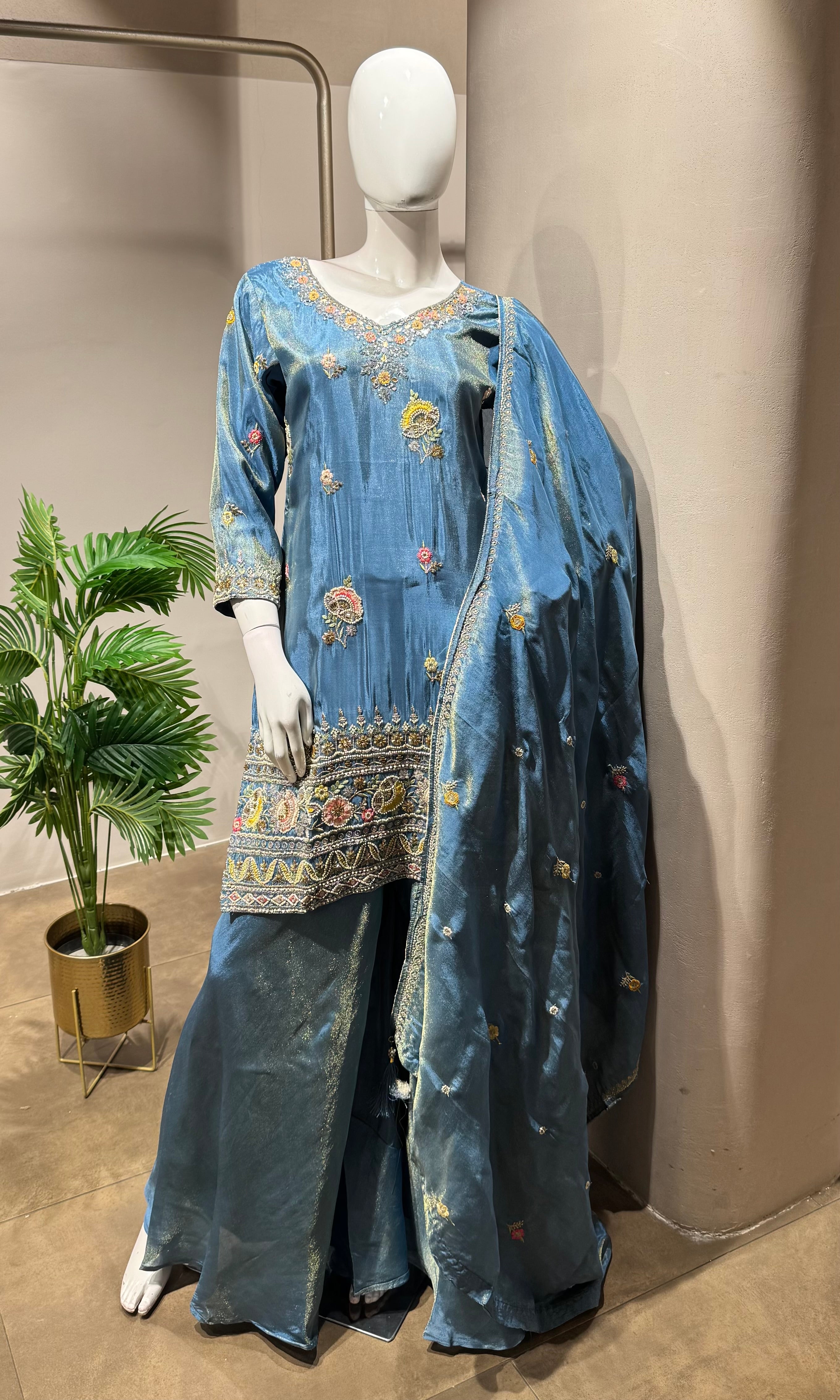 blue shimmer tissue palazzo set