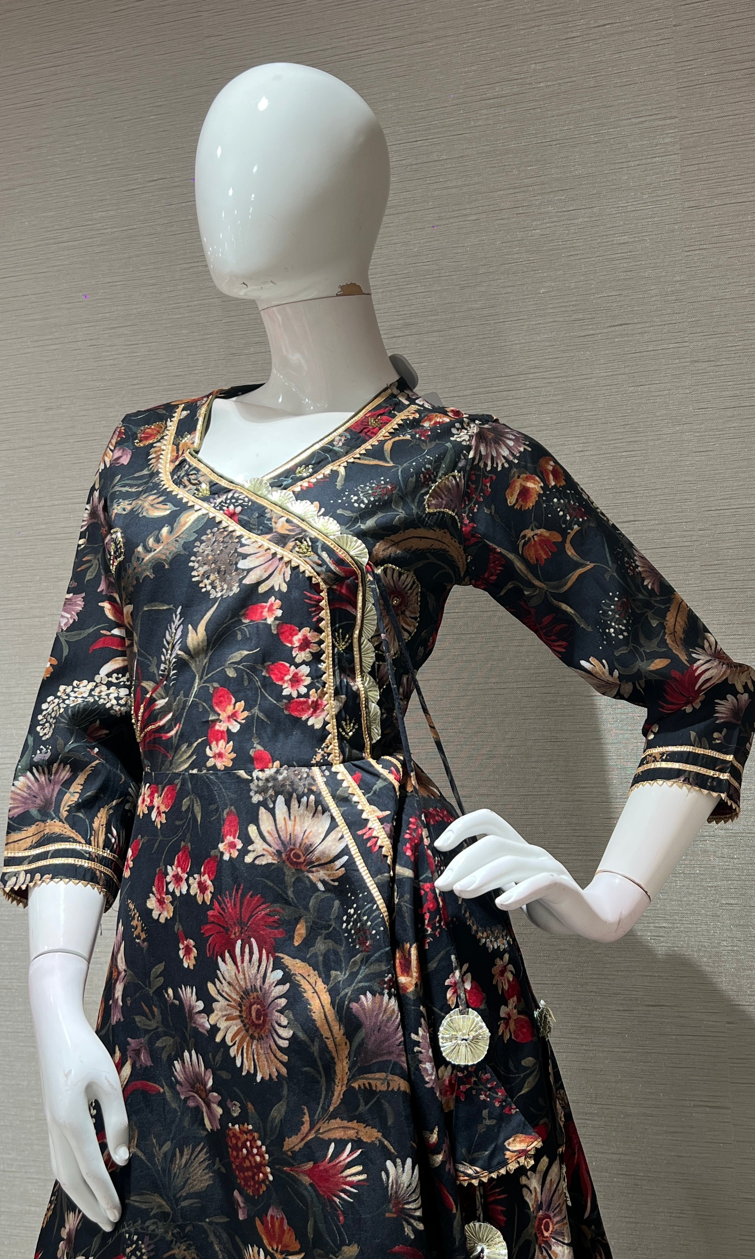 Black A LINE FLORAL kurta set