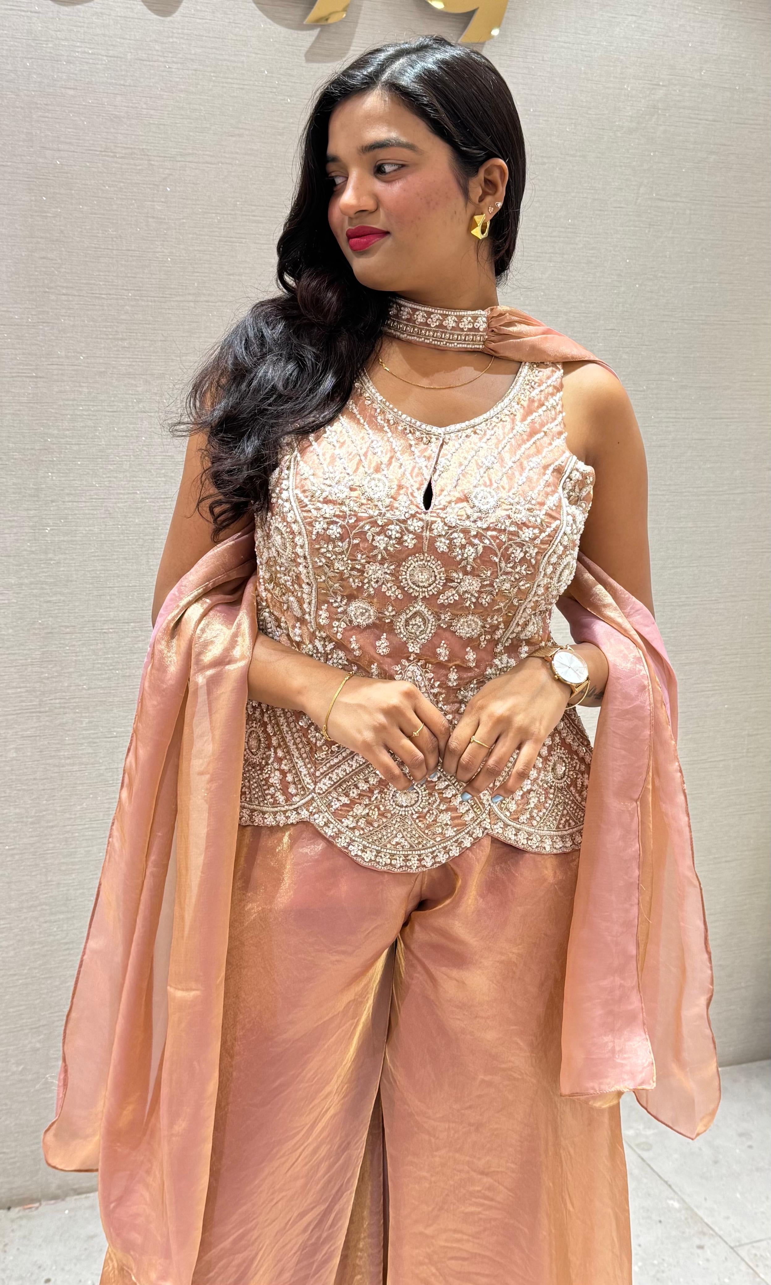 Onion pink EMBROIDERED PEPLUM PALAZZO SET