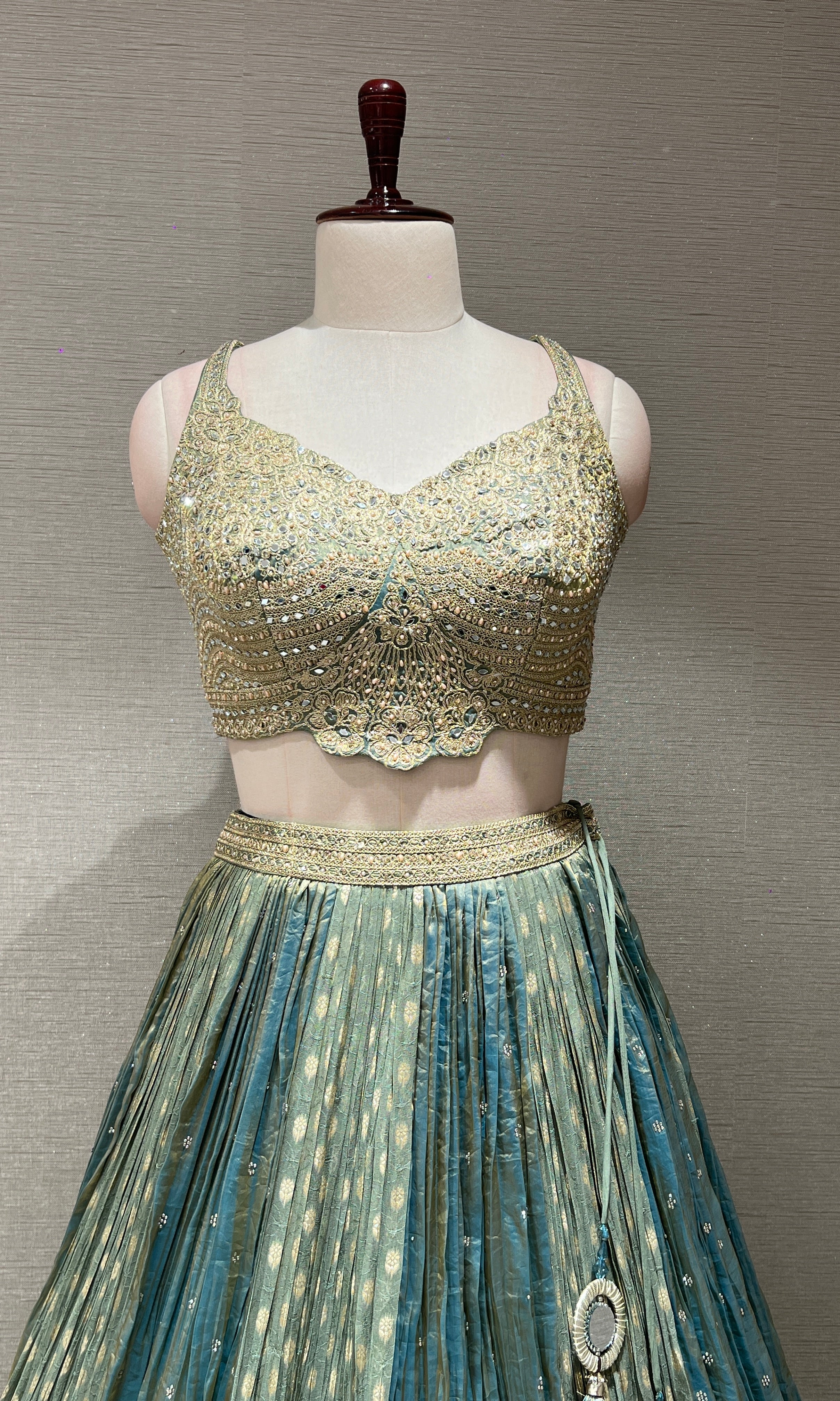 GREEN SILK GOLDEN EMBROIDERED LEHENGA