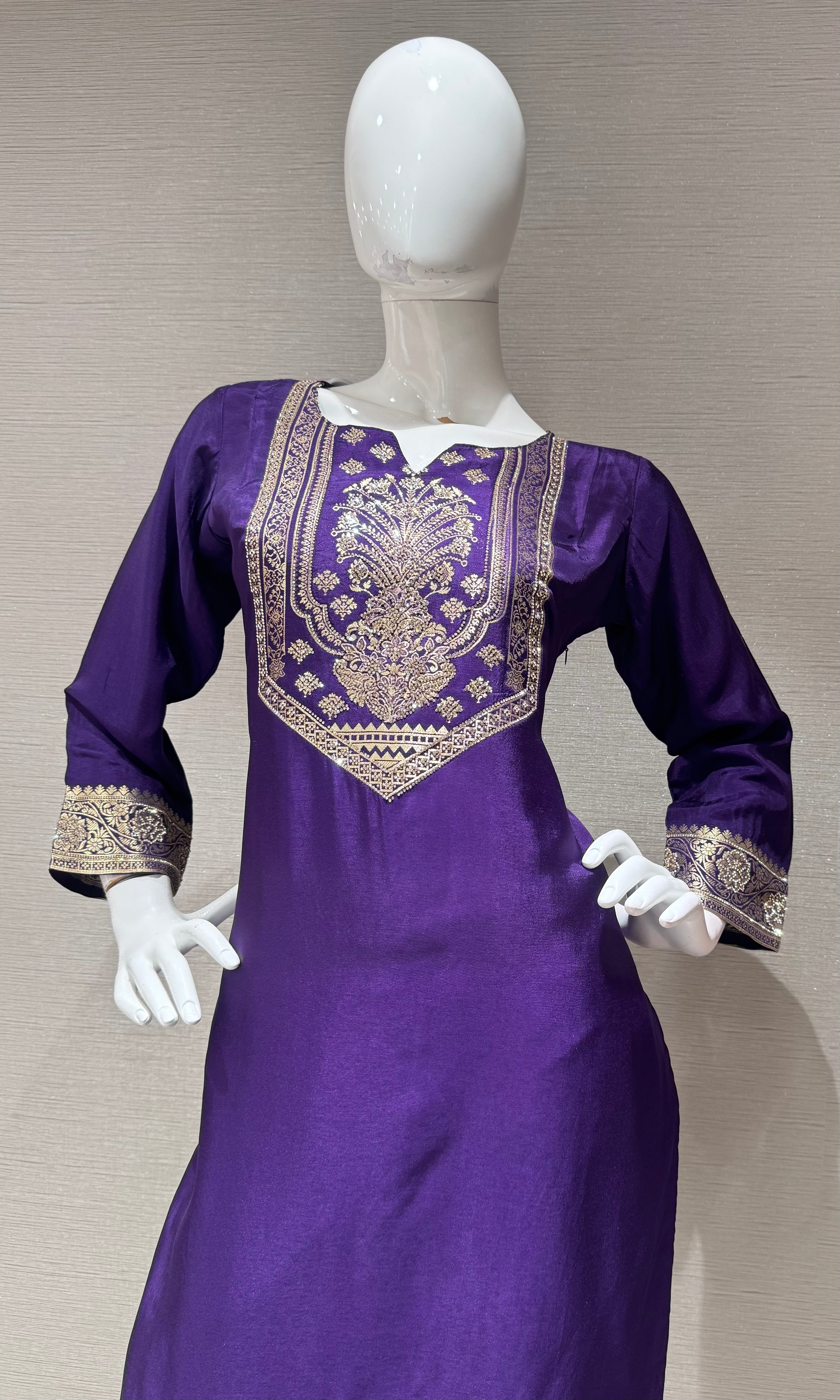 Purple Silk Embroidered Kurta Set with Banarasi Dupatta