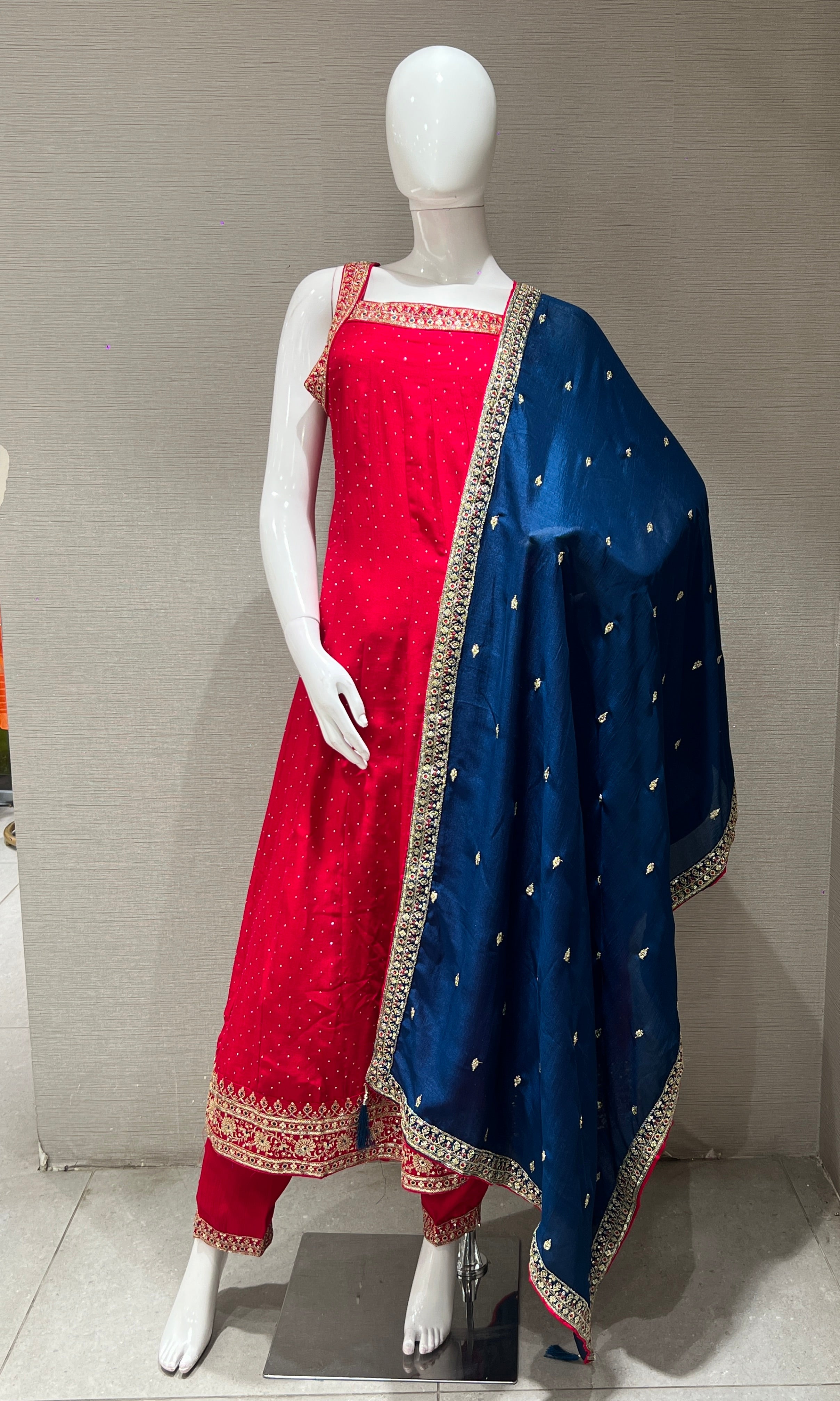 Rani pink kurta set with contrast Dupatta