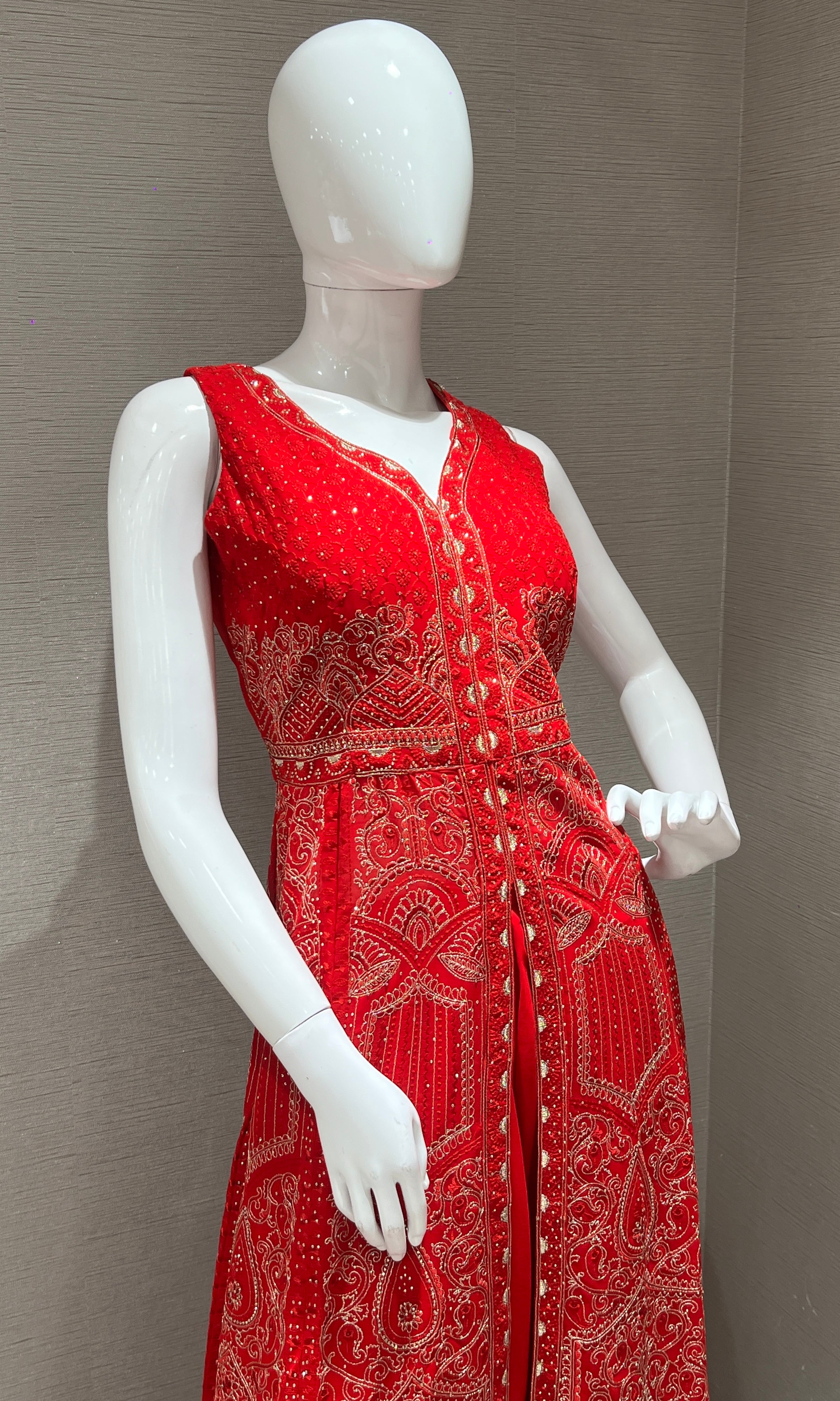 Red front slit Anarkali with palazzo pants