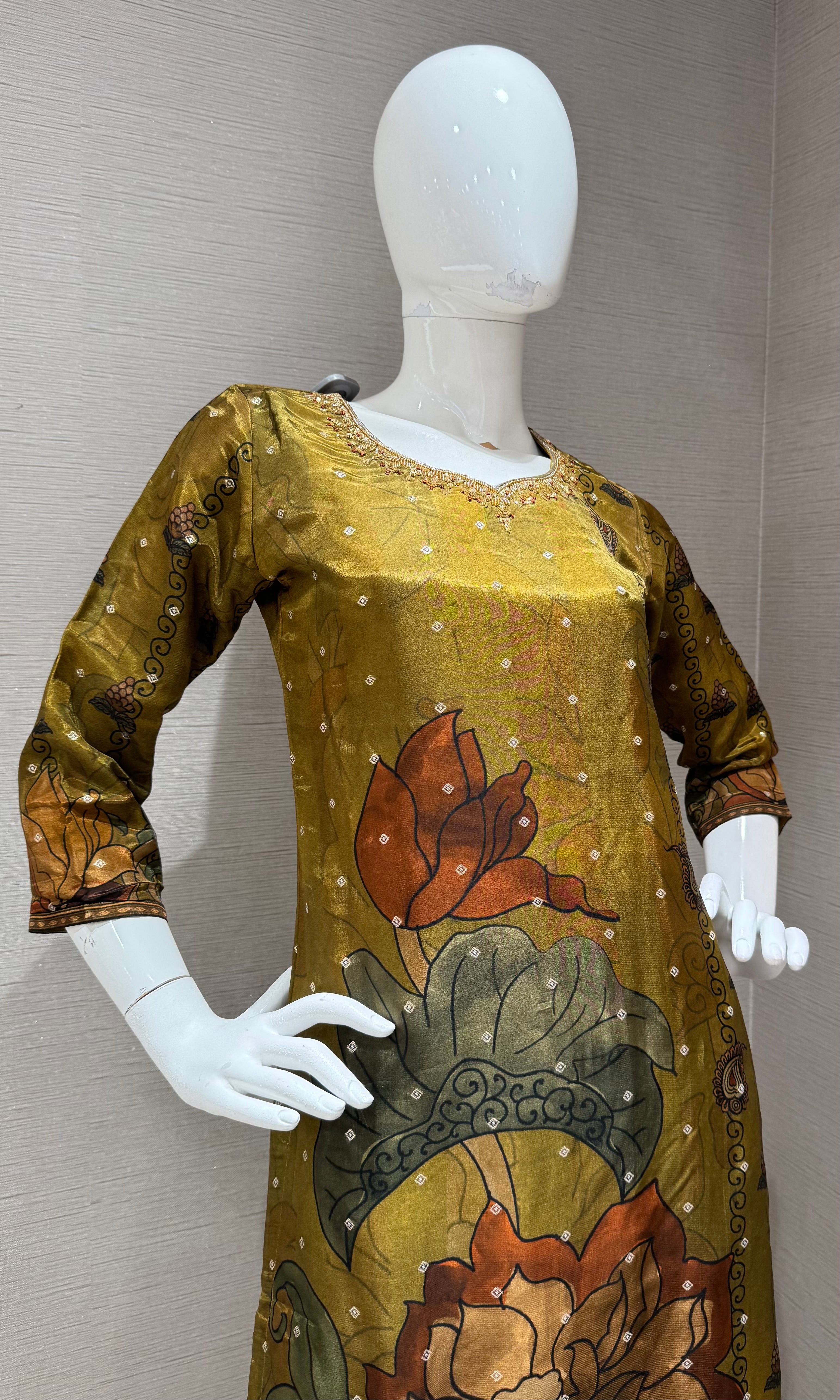 Green Floral Digital Print Silk kurti with bottom