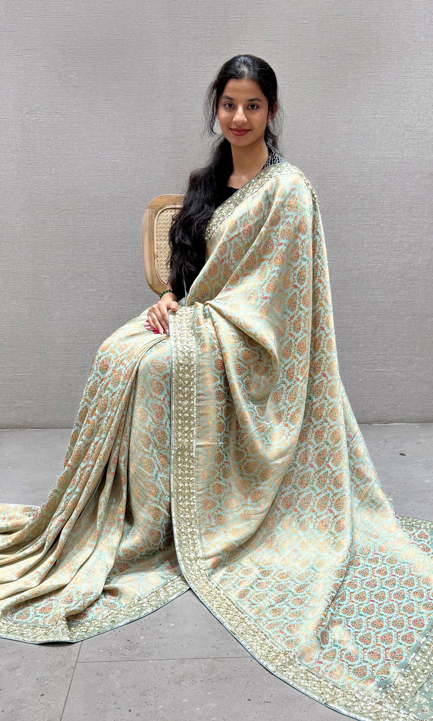 Pastel Sage Green Banarasi saree with ready blouse