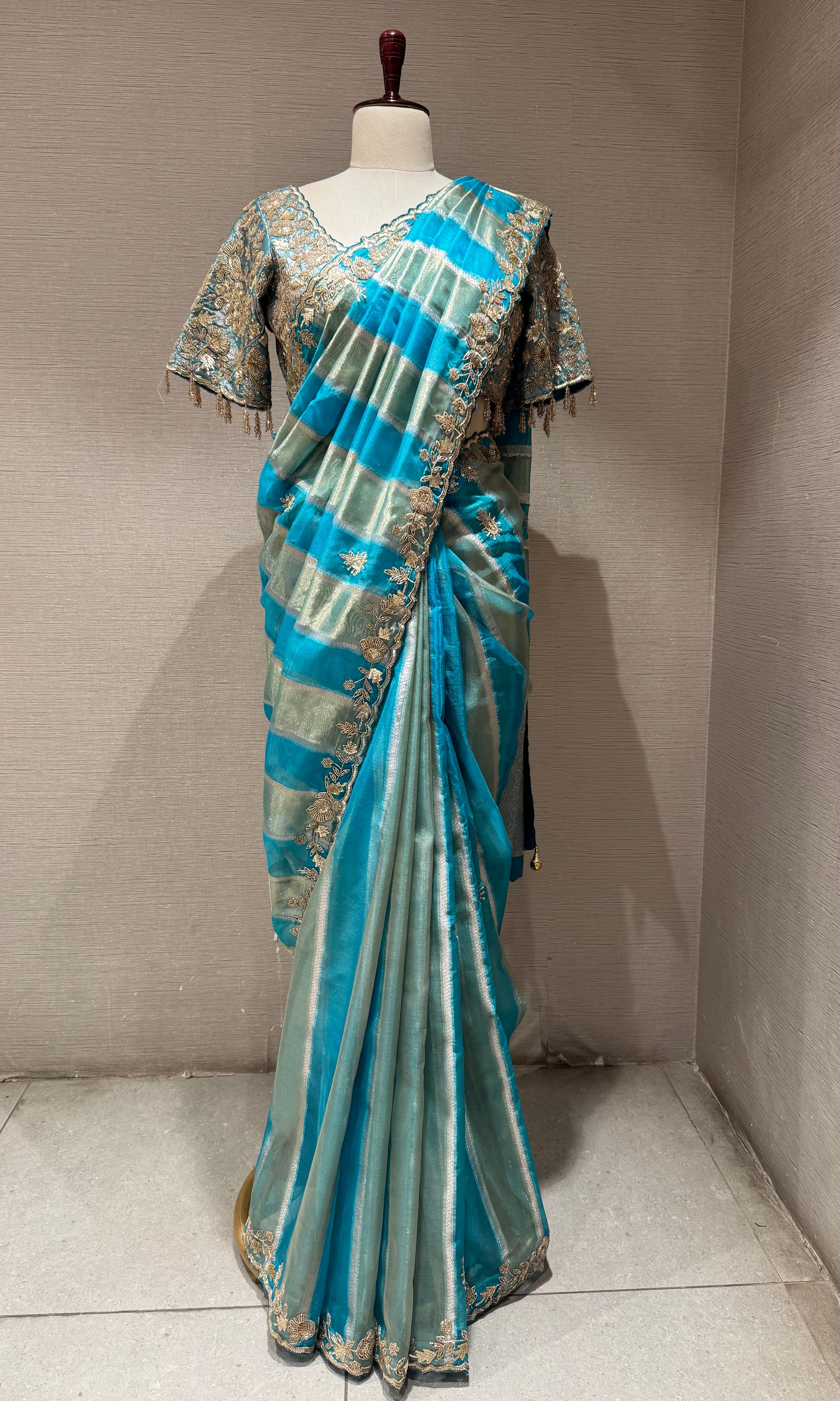Blue Leheriya saree with embroidered blouse
