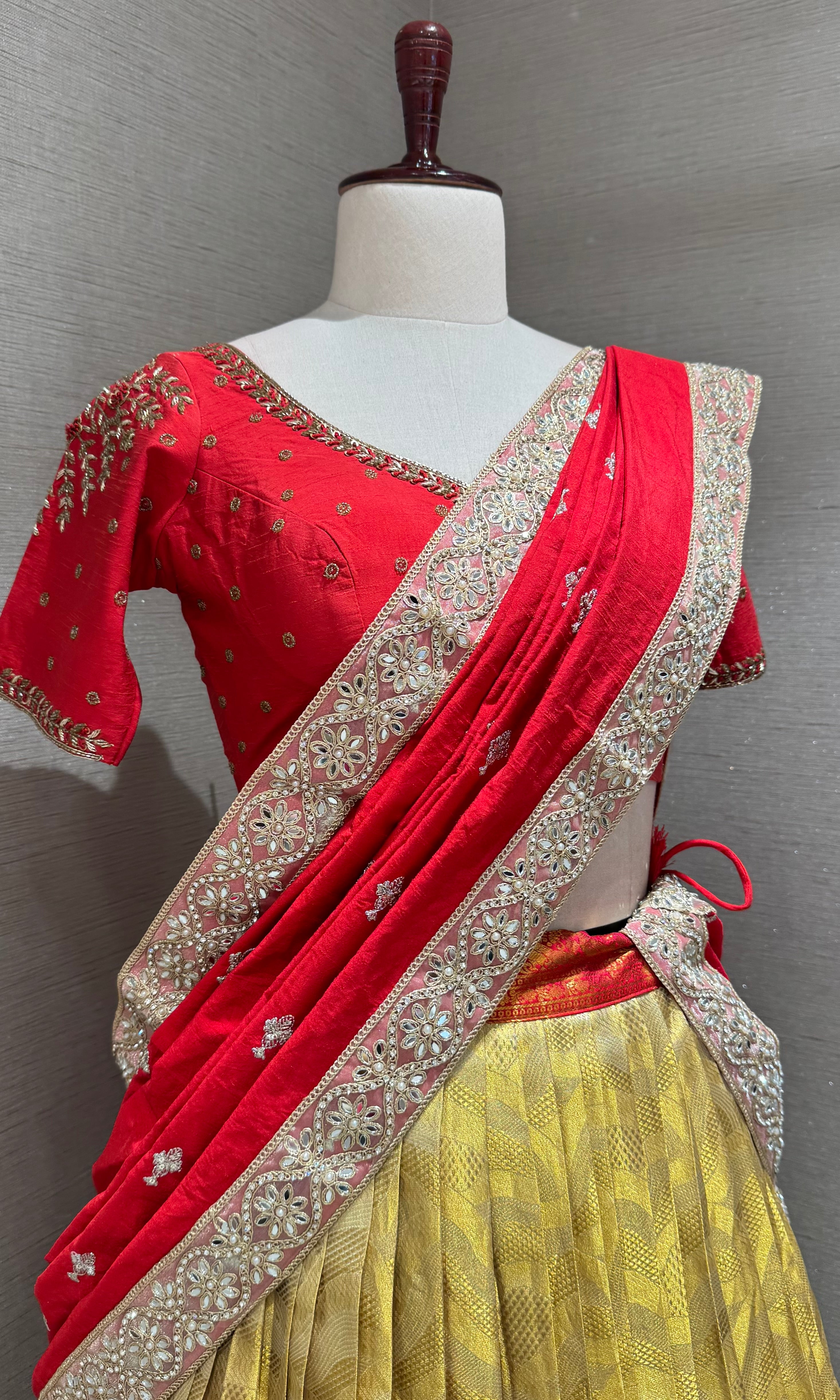 Red and gold banarasi pattu lehenga set