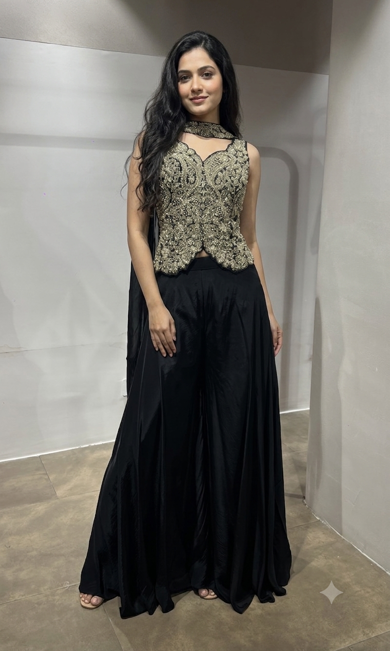Black embroidered corset style palazzo set