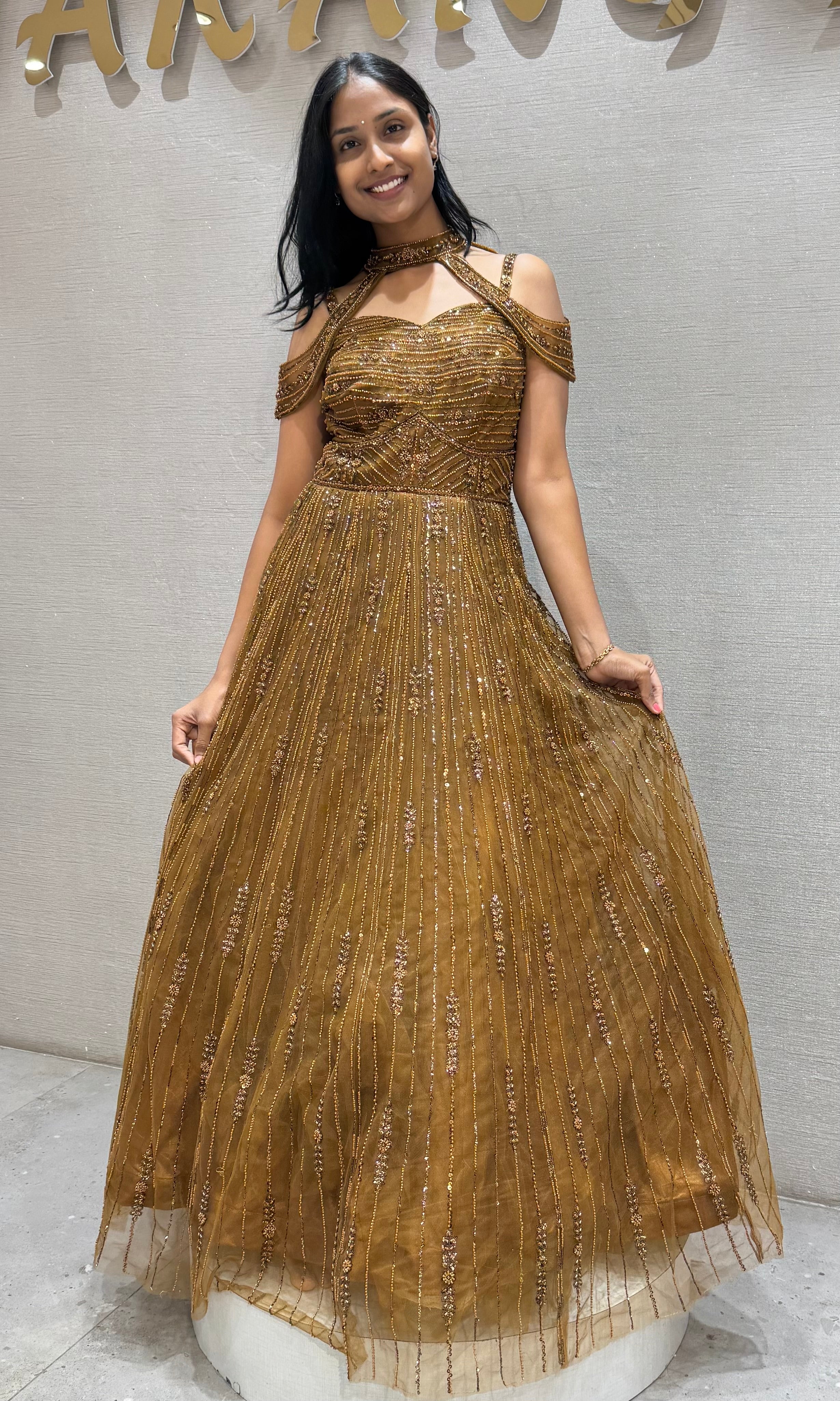BROWN Metallic Honey Textured Gown