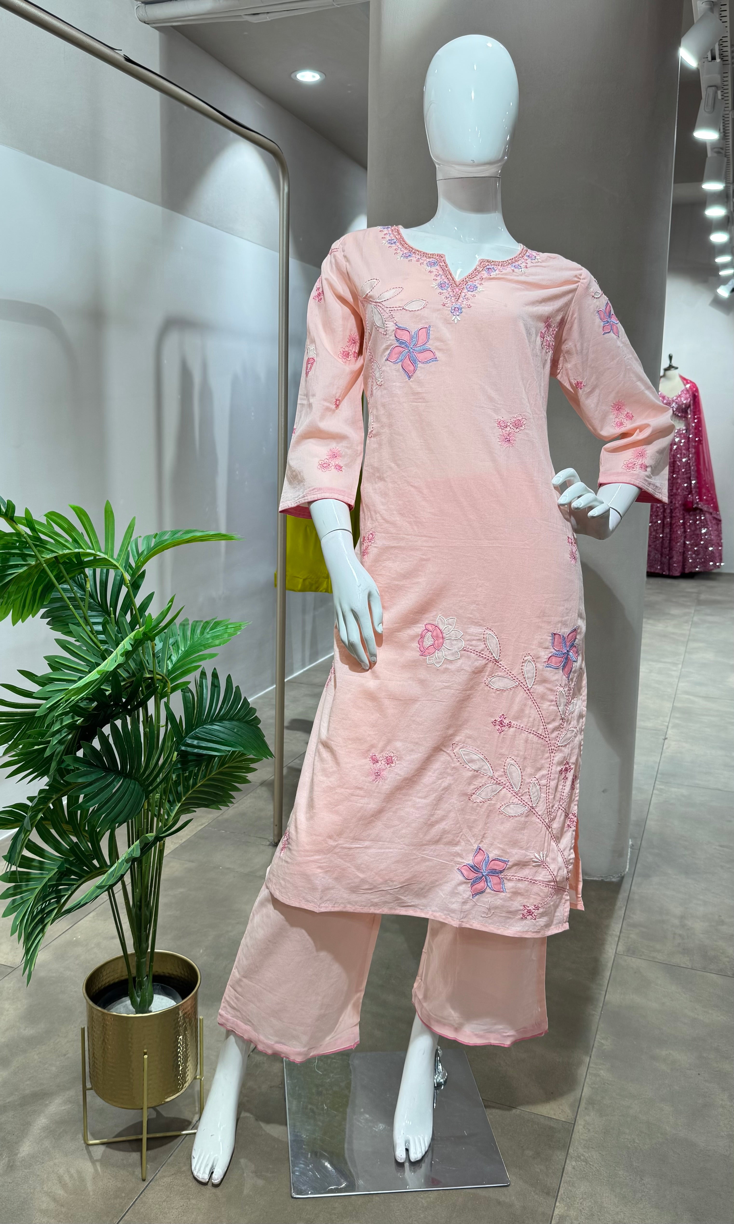 Pink FLORAL MOTIFS COTTON KURTA SET