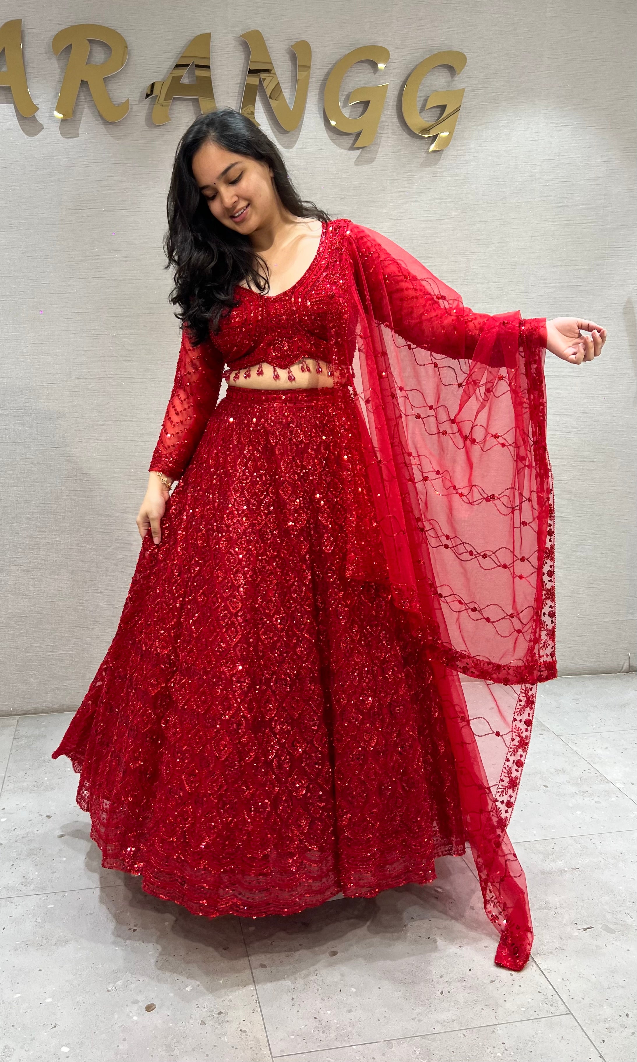 Crimson Red Embroidered Lehenga with Net Dupatta