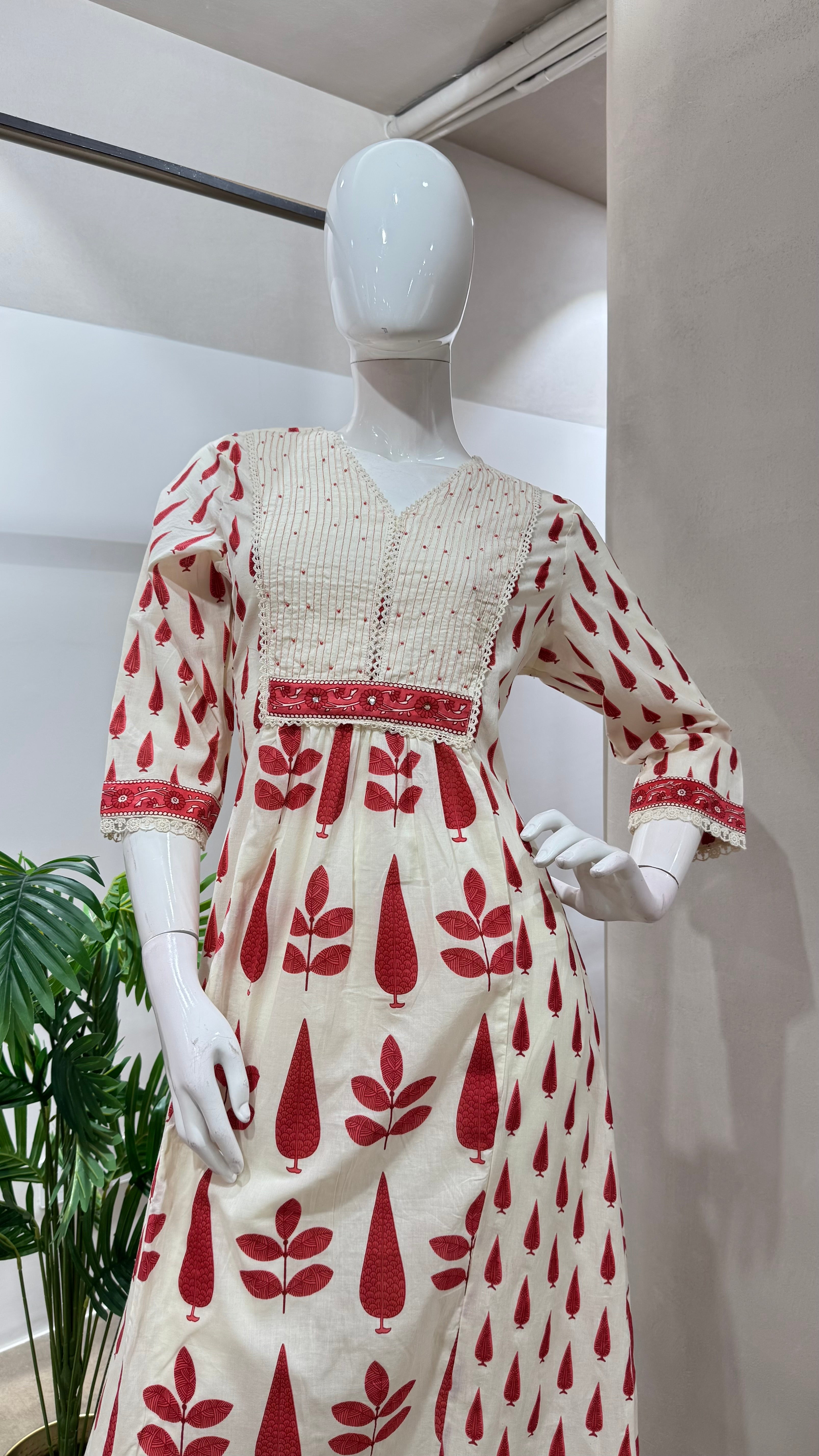 RED AND CREAM ETHNIC PRINTED ANARKALI SET