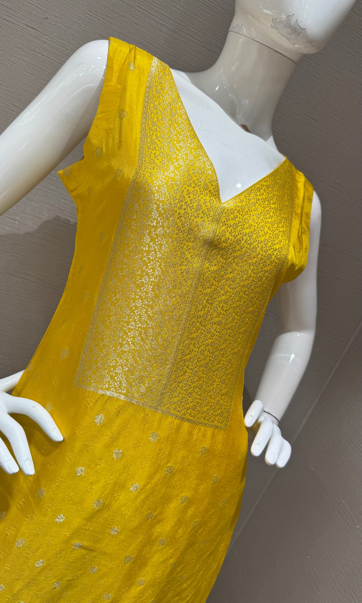 Yellow Banarasi silk Kurta set with Golden Border dupatta