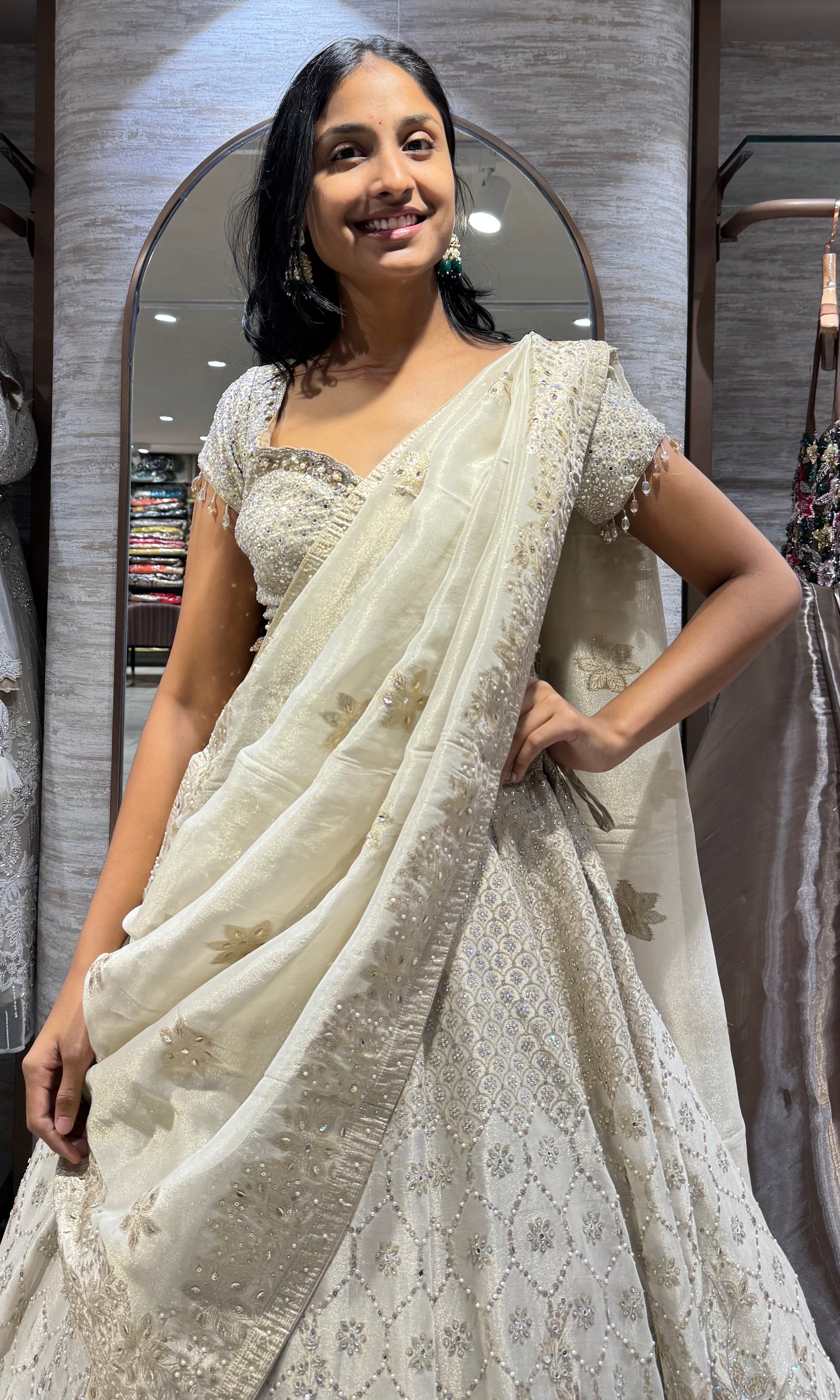 Gold intricate silver embroidery lehenga