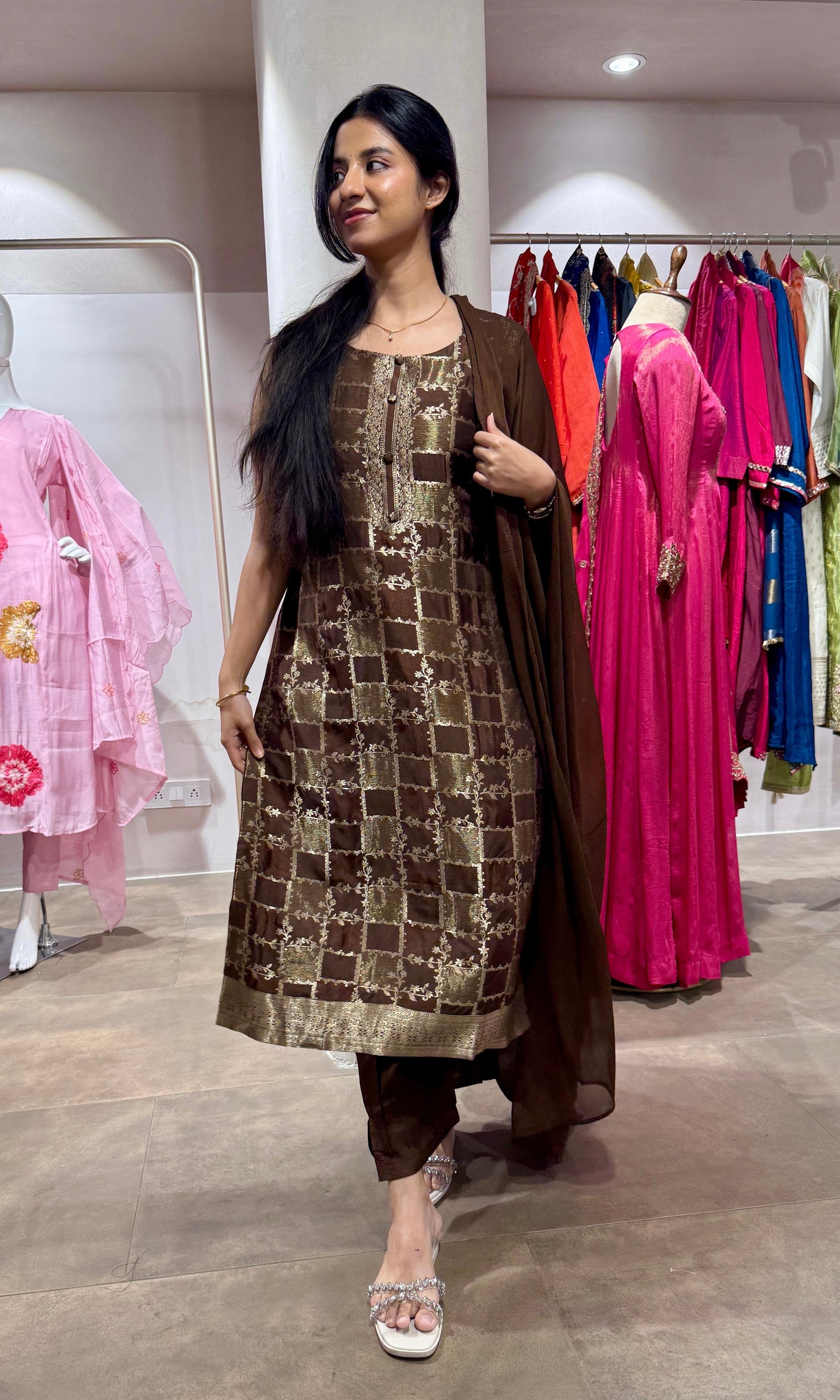 brown Silk Embroidered Zari Kurta Set