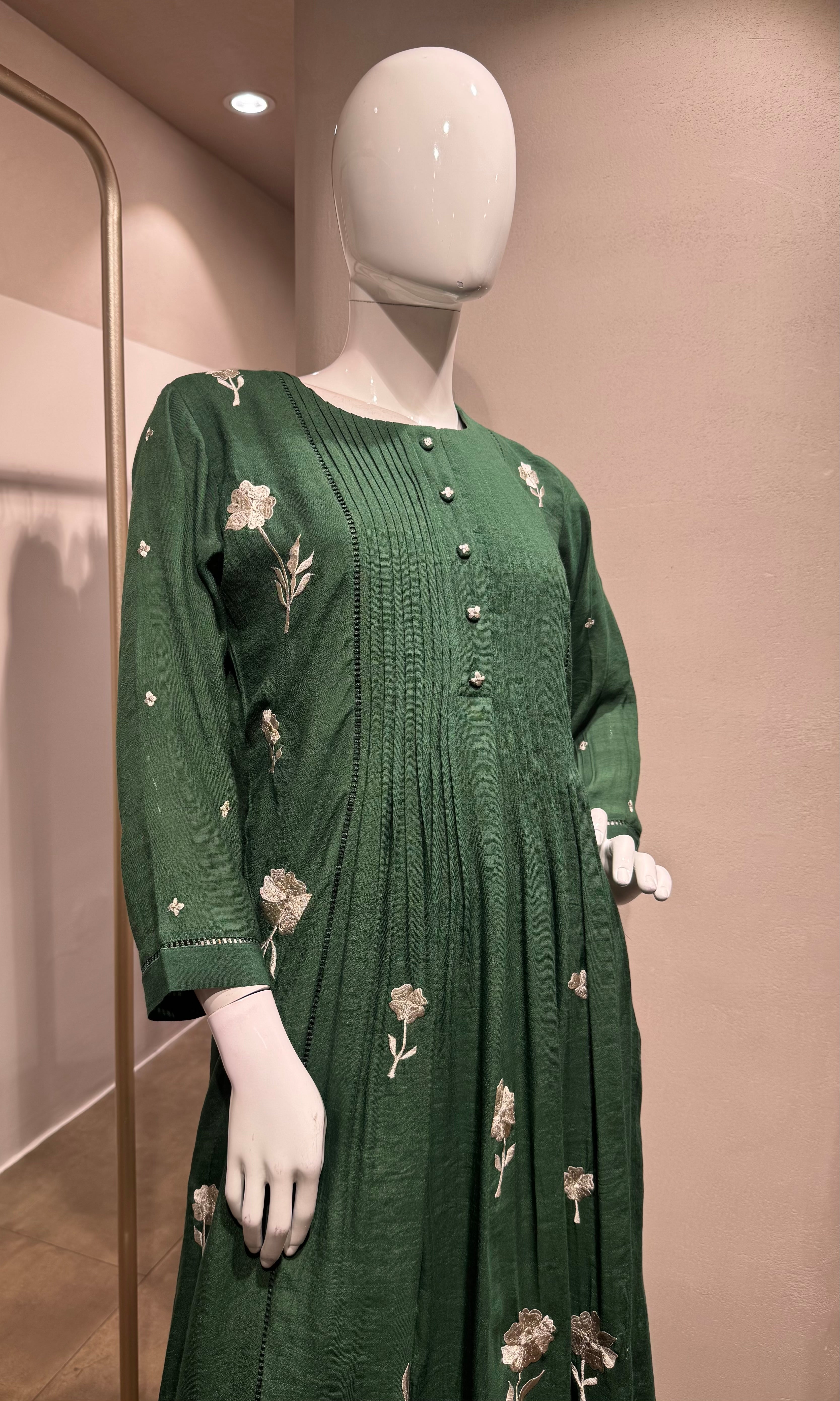Green Linen Georgette Frock Style Kurti