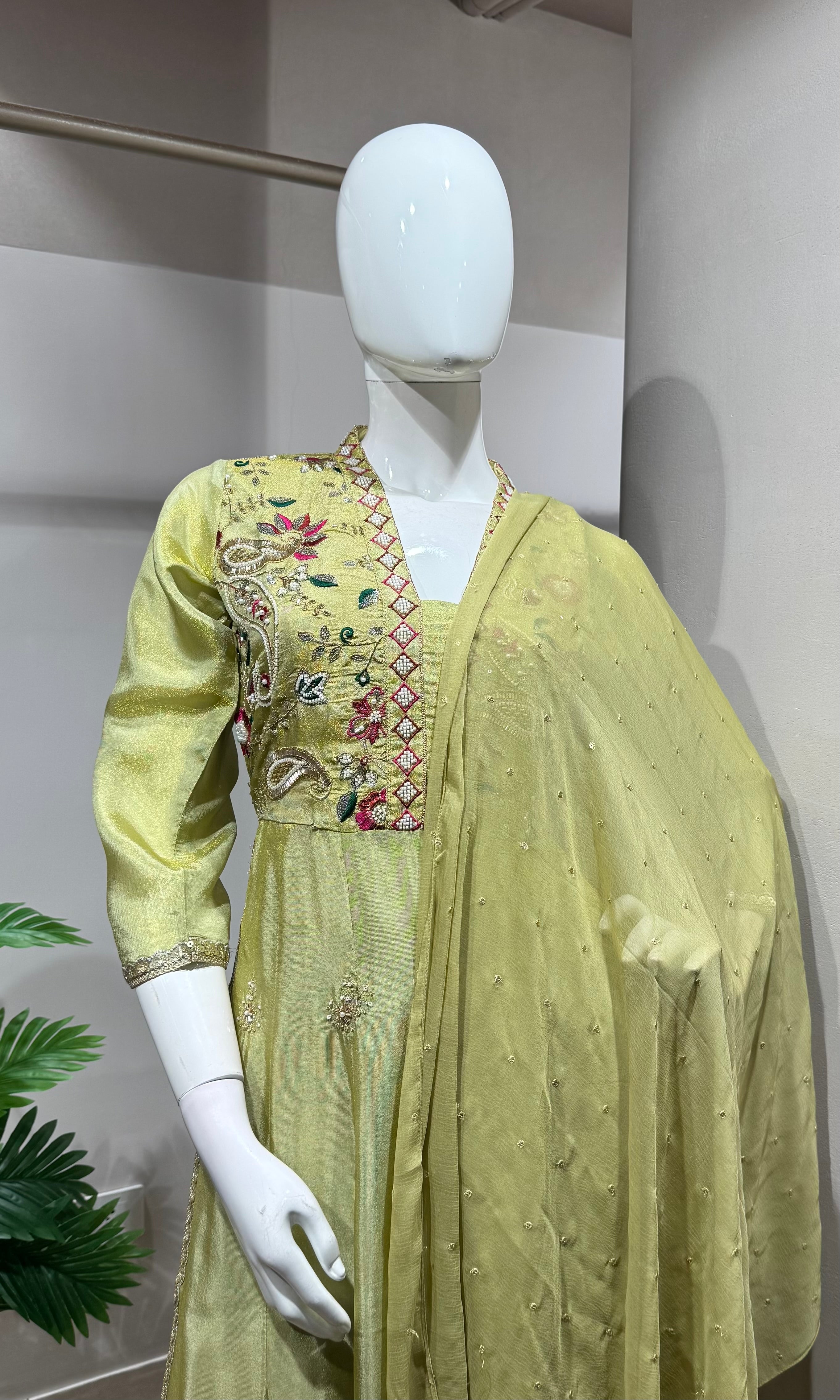 Pista Green Floral design Anarkali kurta set