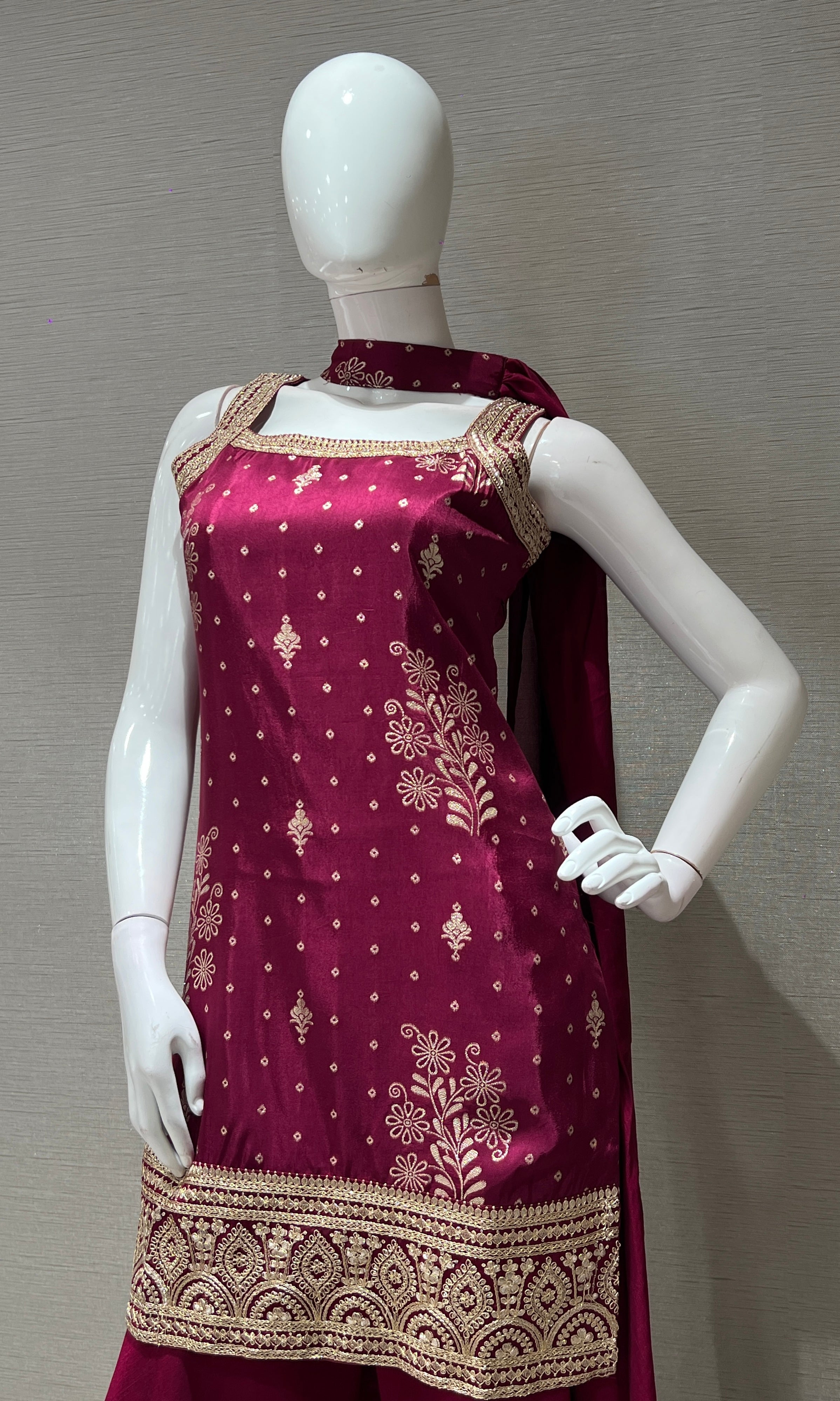 Wine GOLD EMBROIDERED SHARARA SET