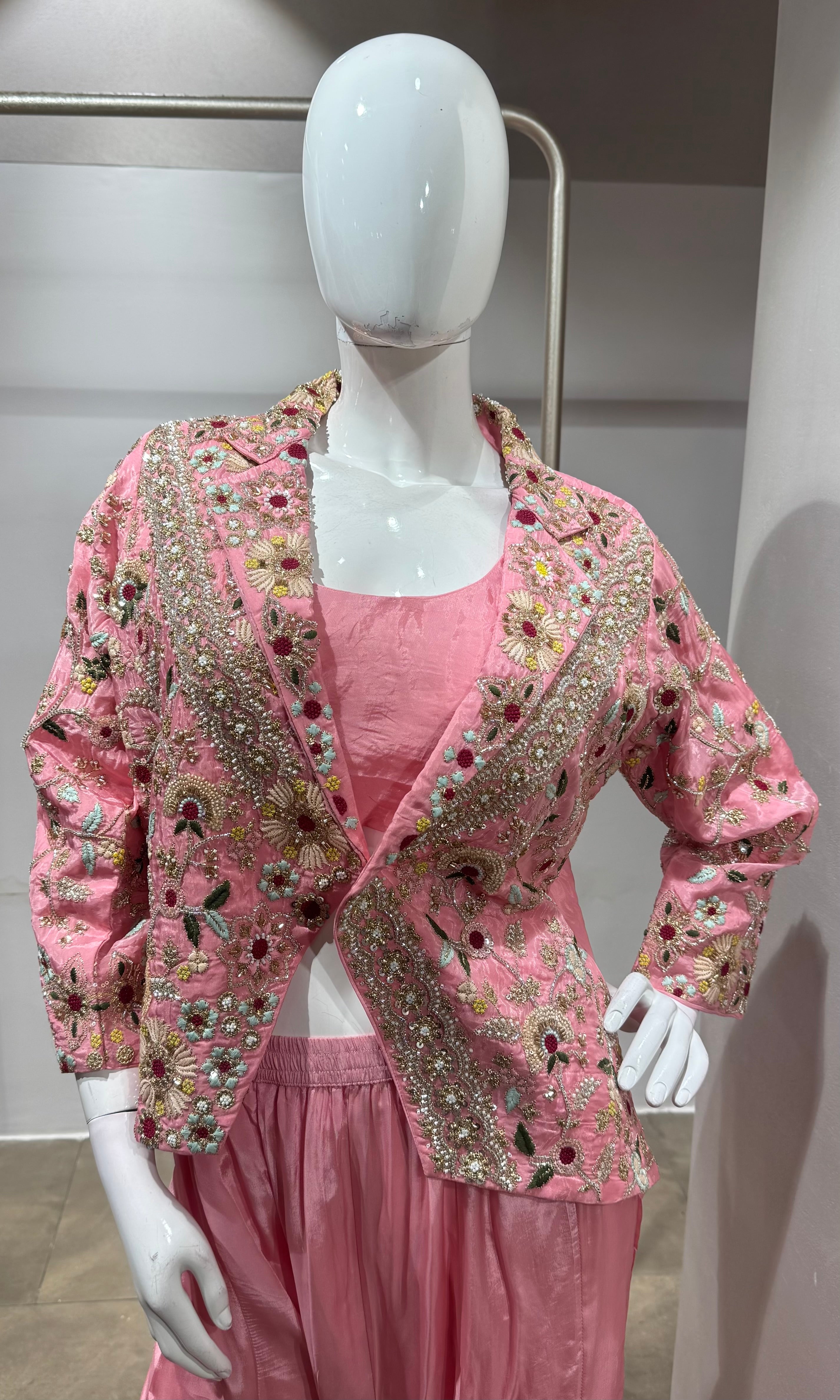 Pink Floral Embroidered Jacket palazzo Suit