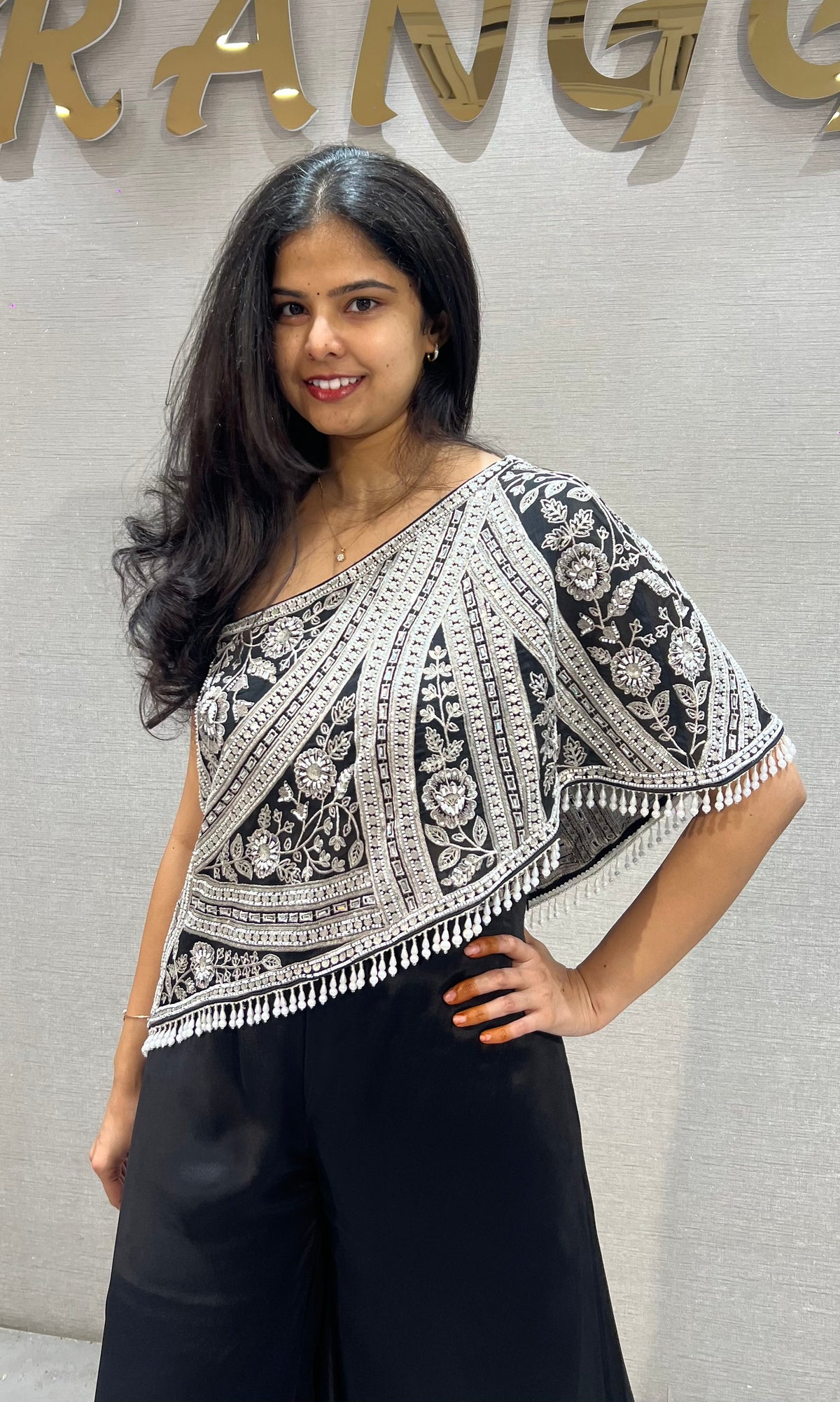 Black georgette One Shoulder Cape Top with Palazzo set