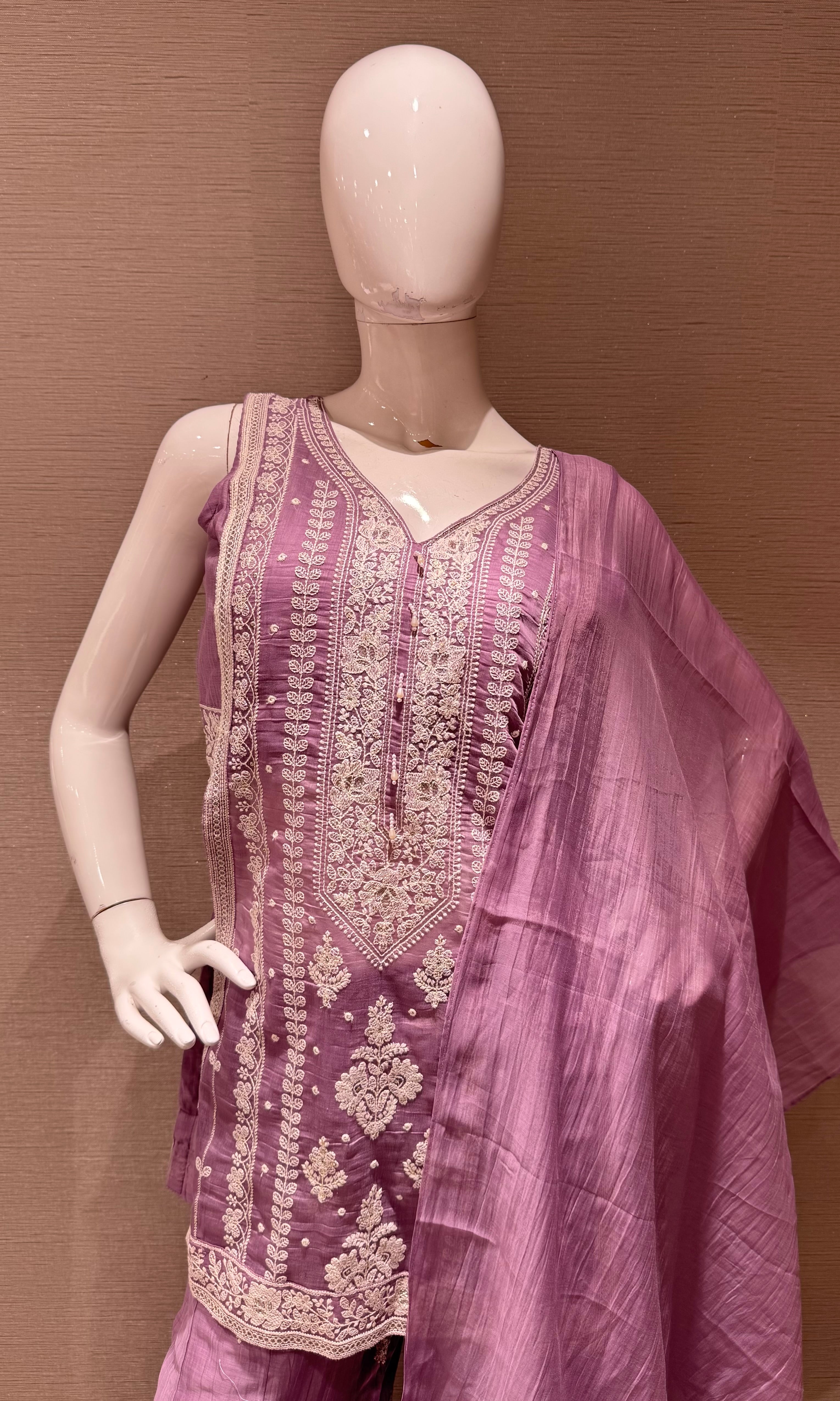 lavander Embroidered Shimmer Silk Palazzo Set