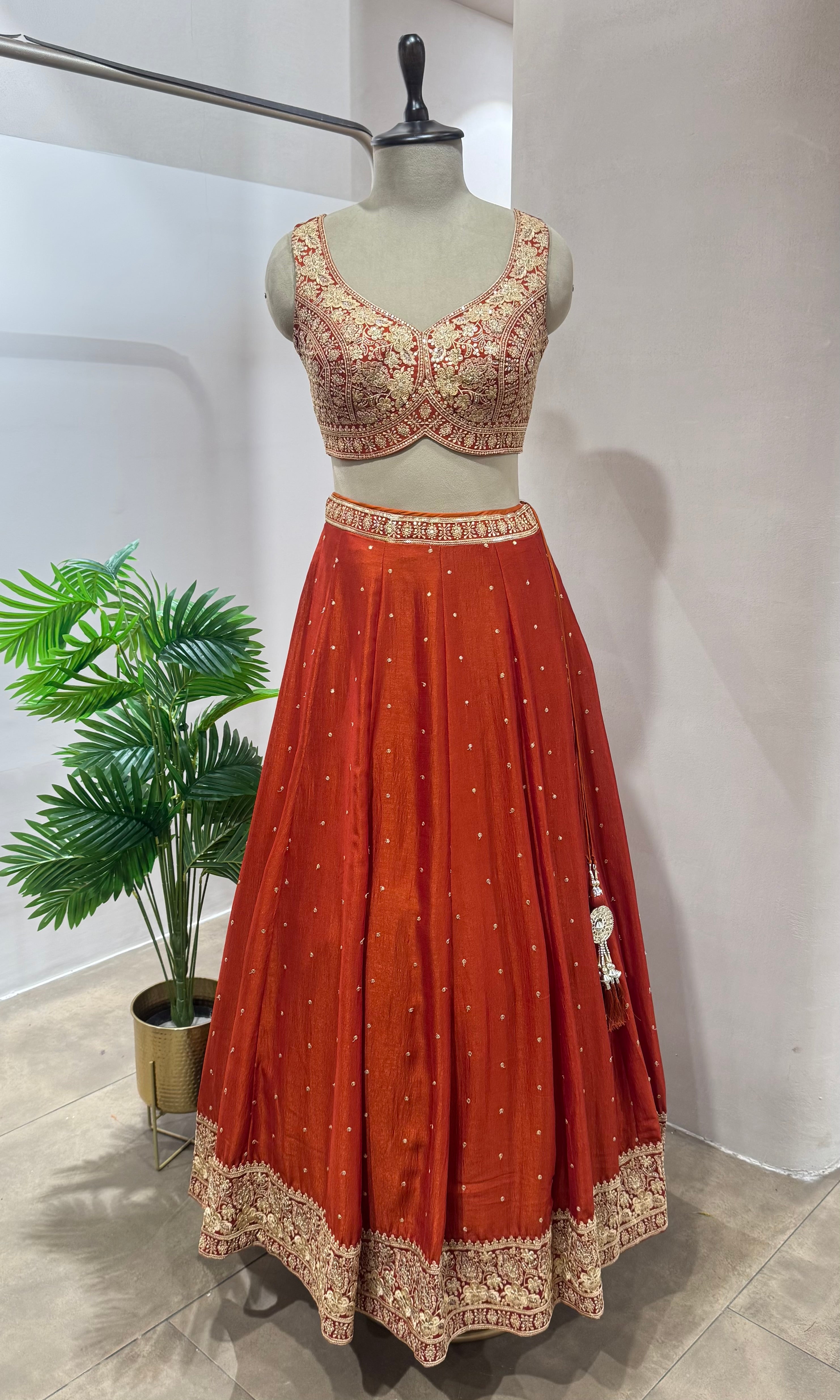 Rust EMBROIDERED Lehenga WITH DUPATTA