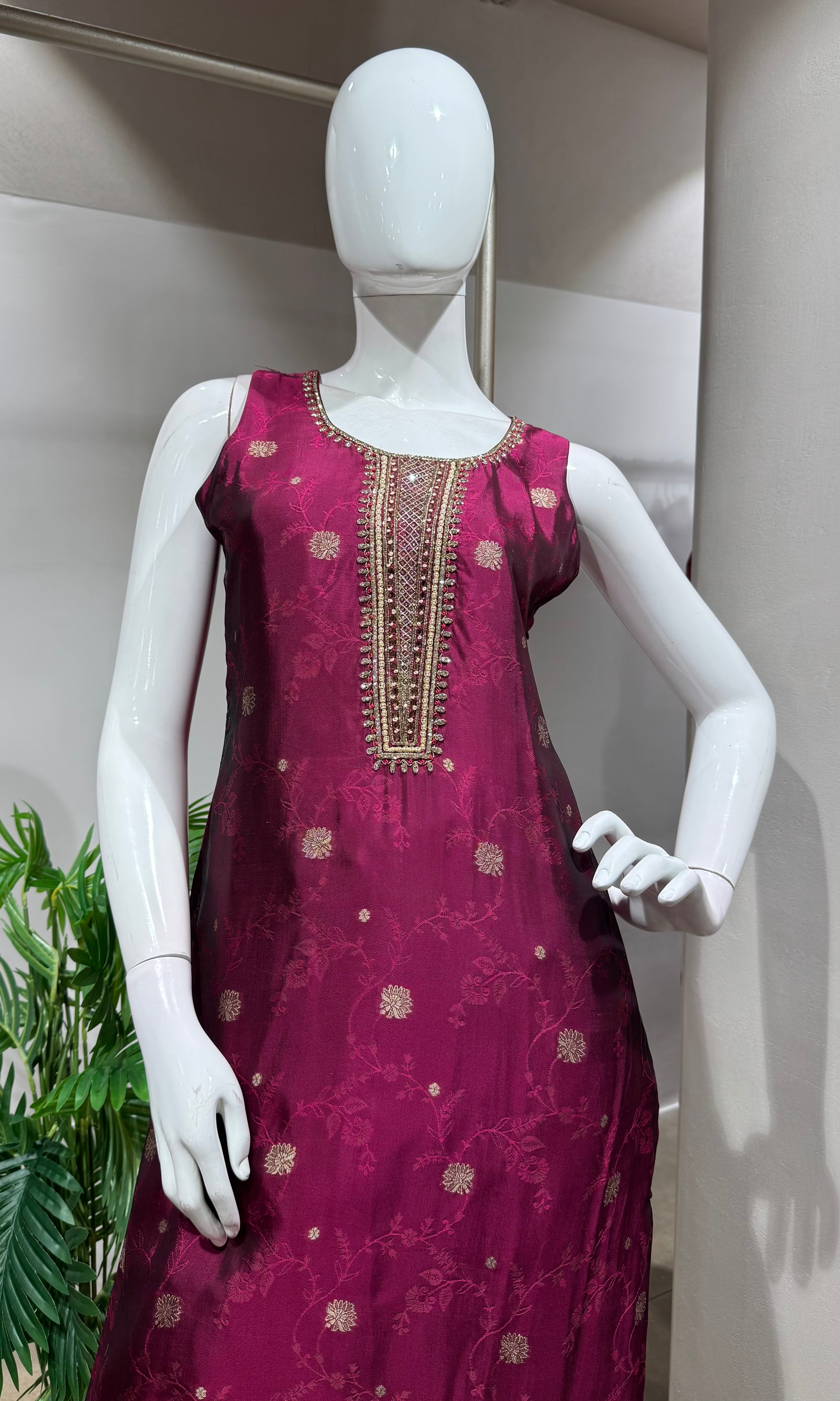Wine Silk Embroidered kurta Set