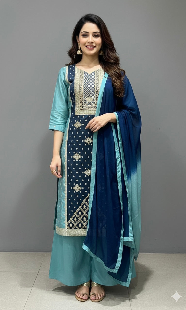 BLUE EMBROIDERED KURTA SET WITH PALAZZO PANTS