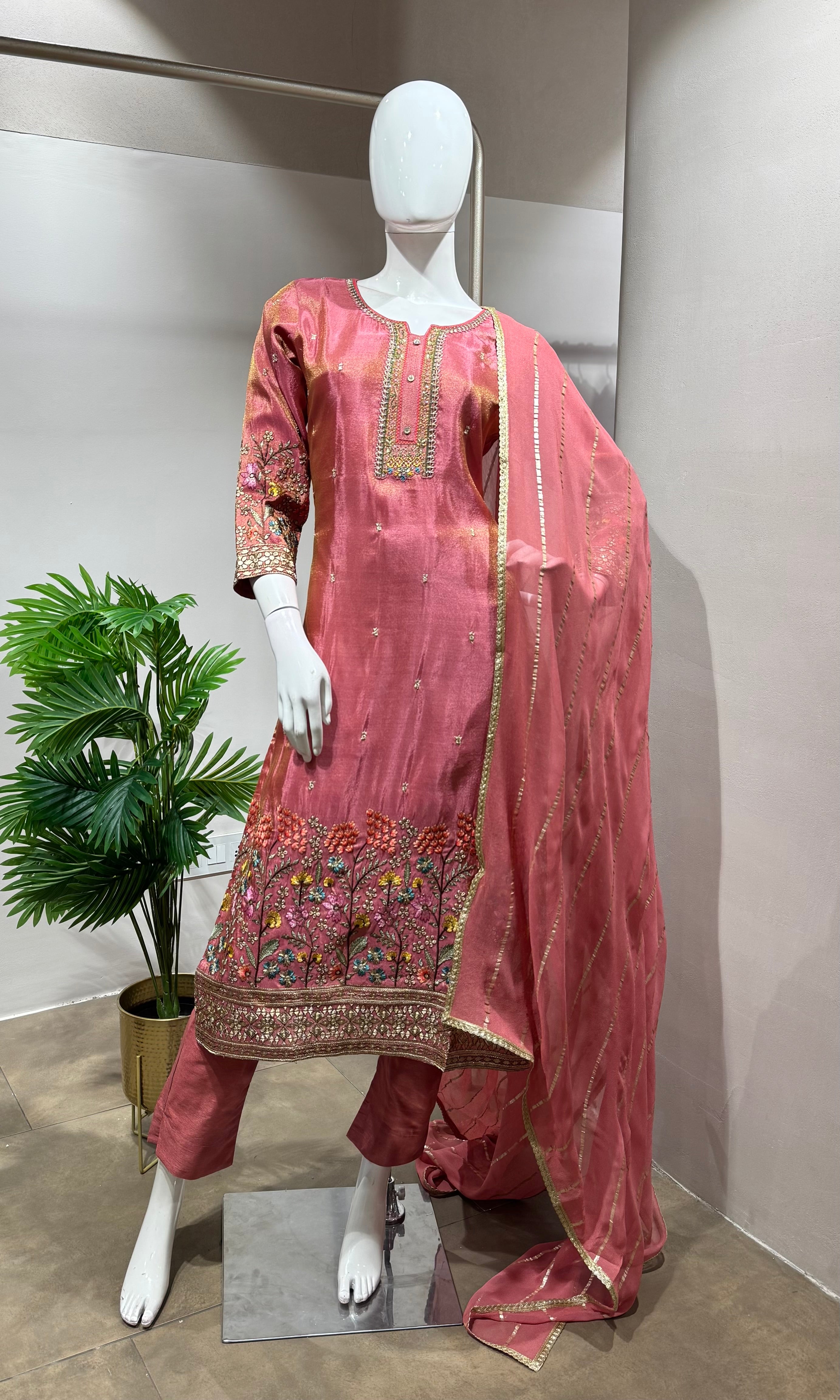 Pink Silk Straight Cut Suit with Zari Detailing