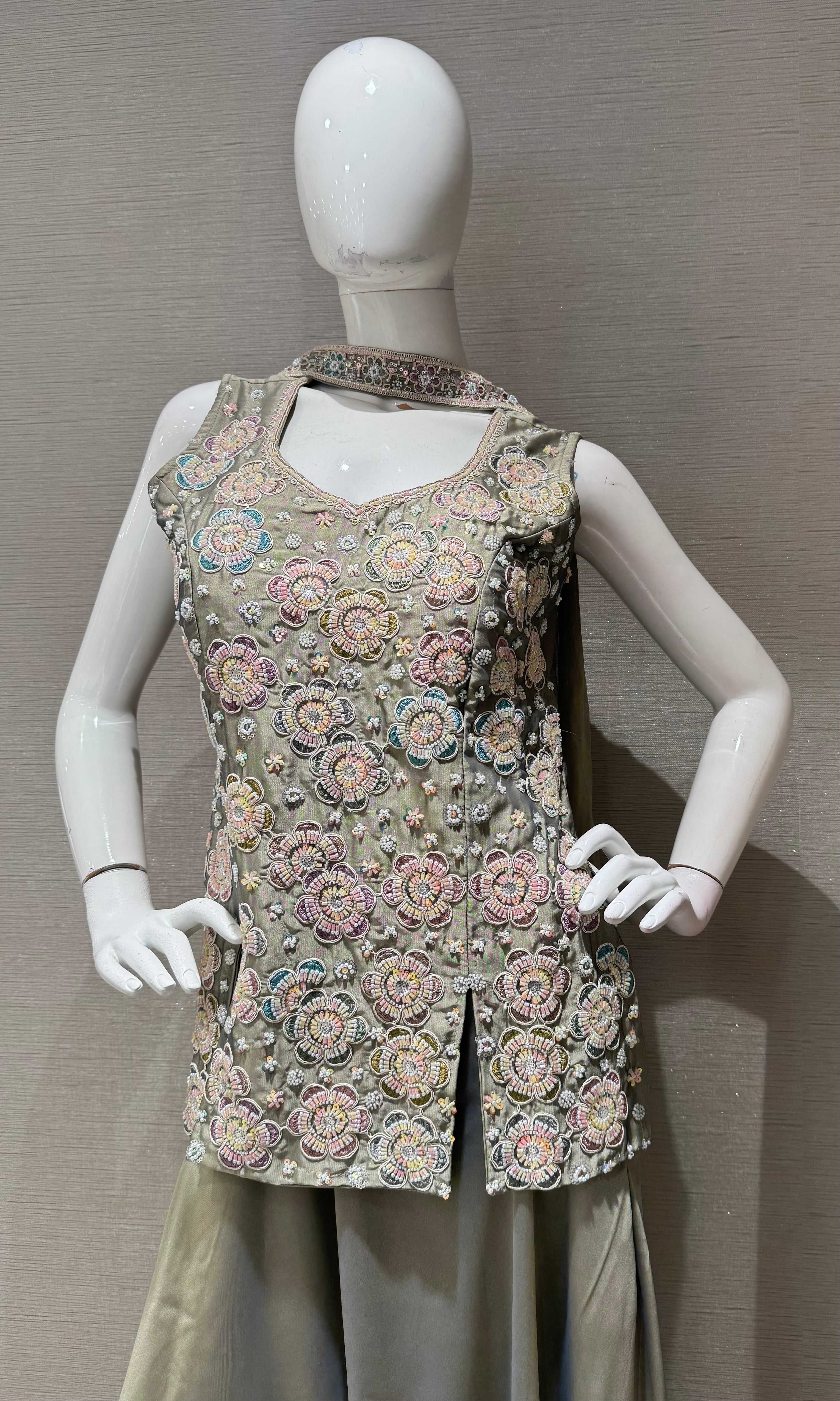 Olive Green Shimmer Floral Peplum palazzo set