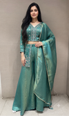 Sea green front slit embroidered peplum palazzo set