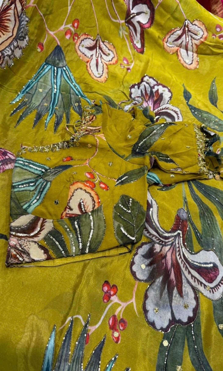 green floral saree with ready blouse