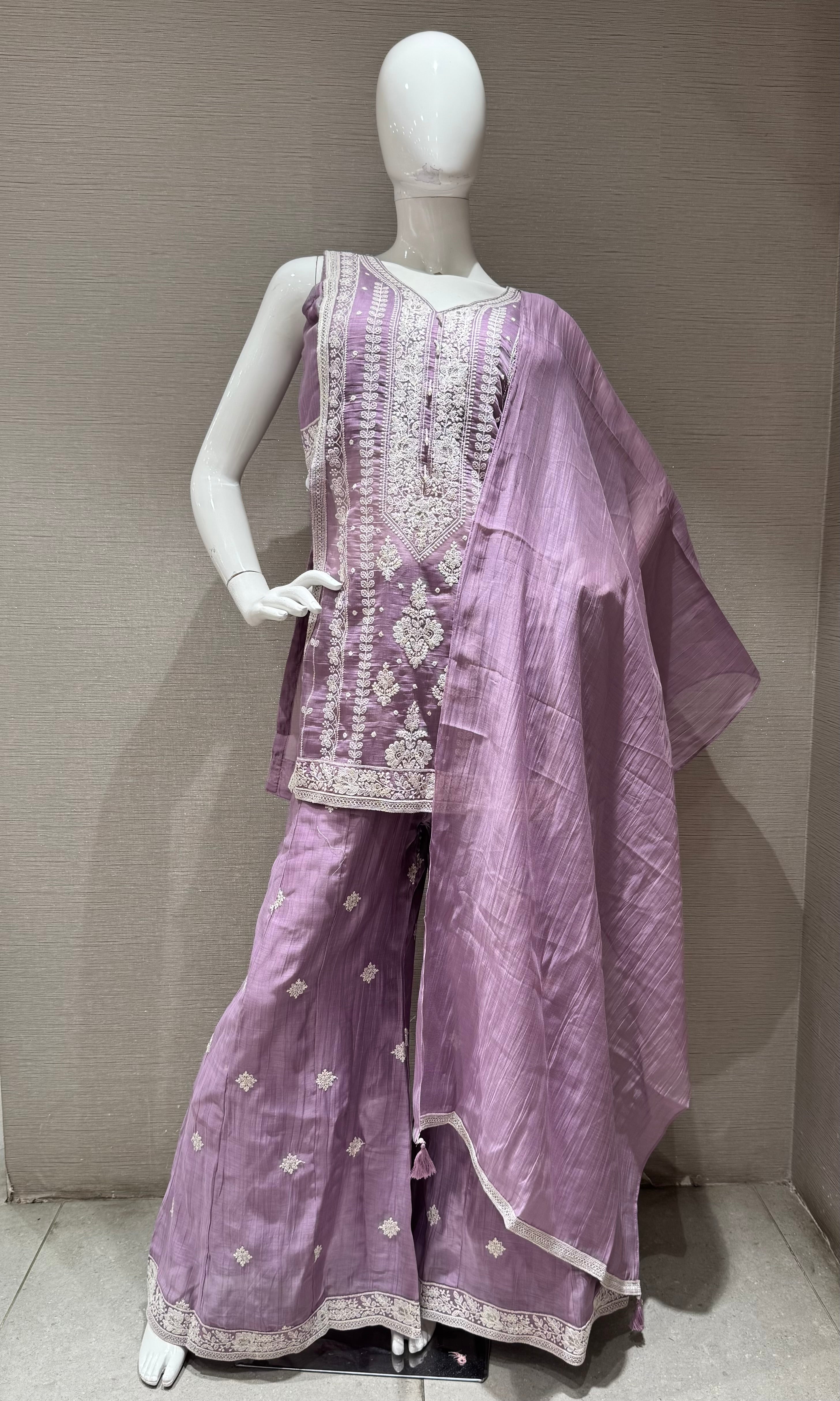 lavander Embroidered Shimmer Silk Palazzo Set