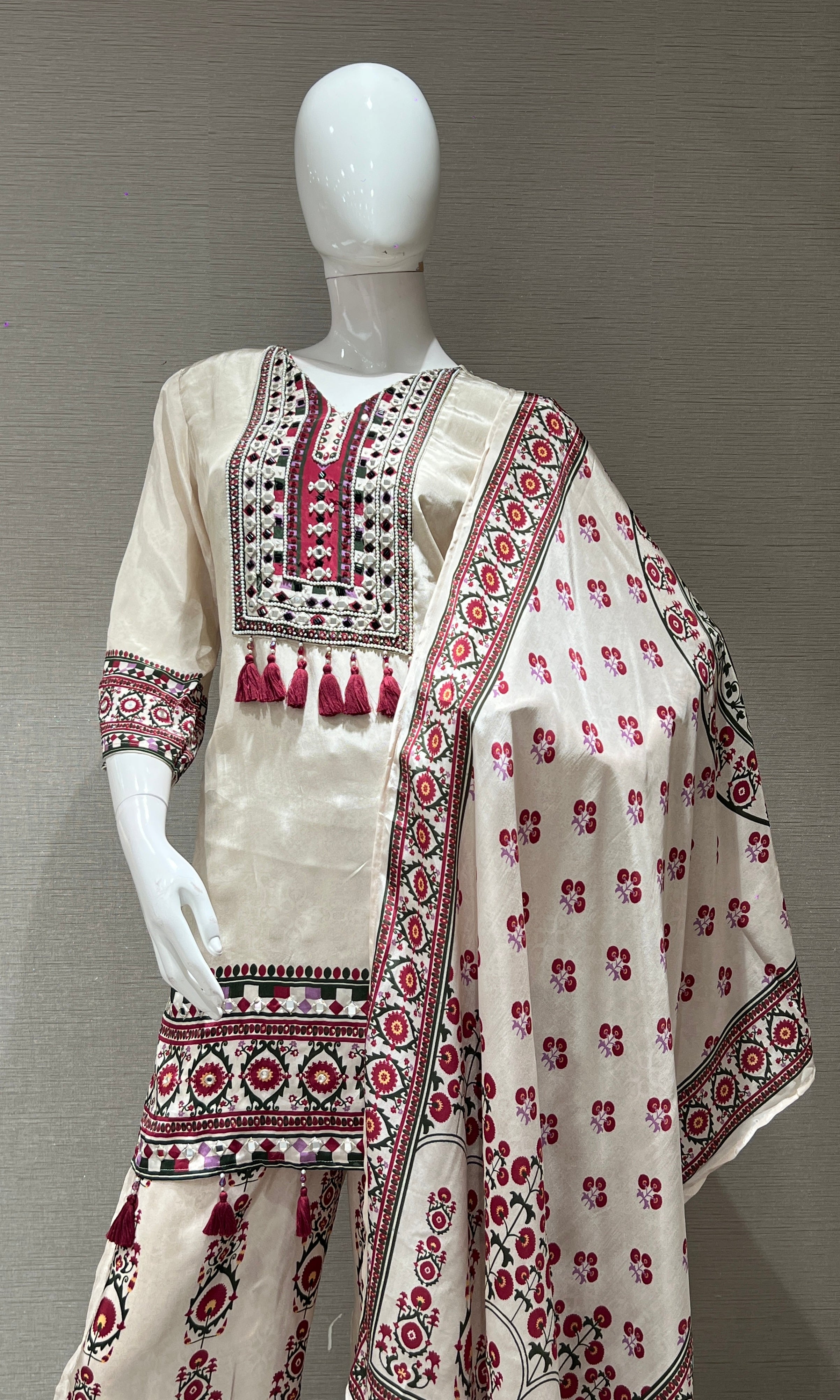 white and maroon printed kurta set with palazzo pants