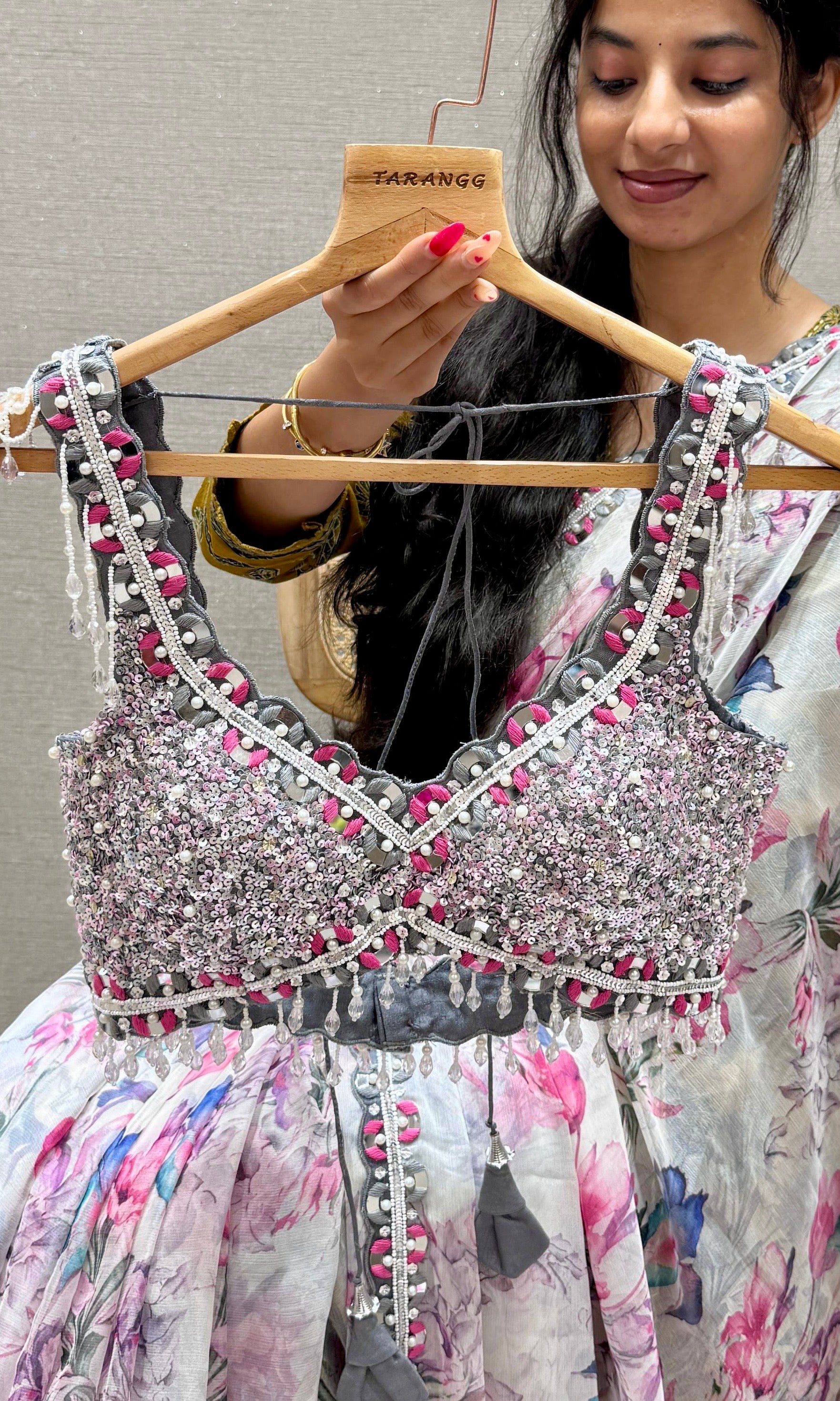 Grey with pink florals crushed Georgette saree with ready blouse
