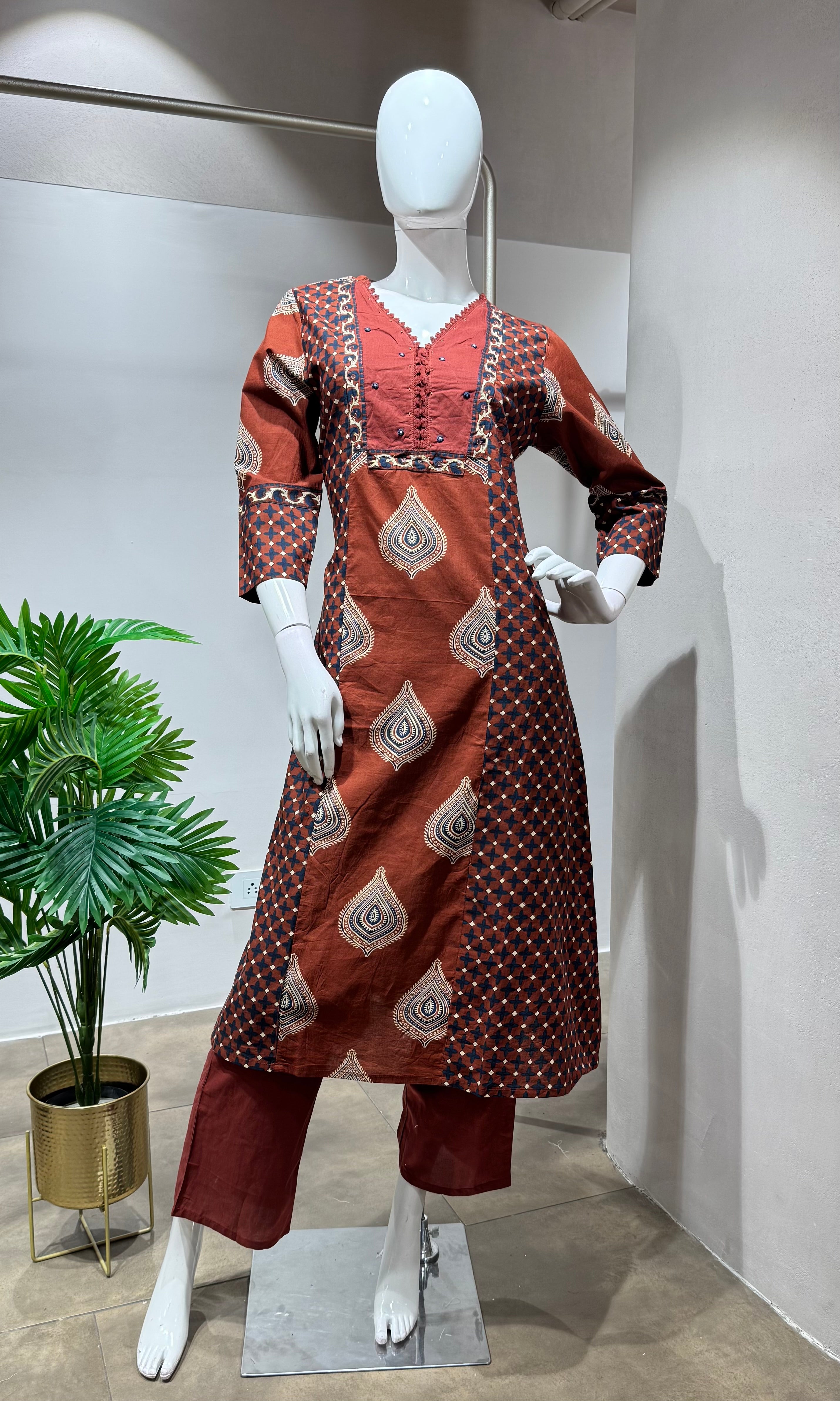 Brown block print design kurta set